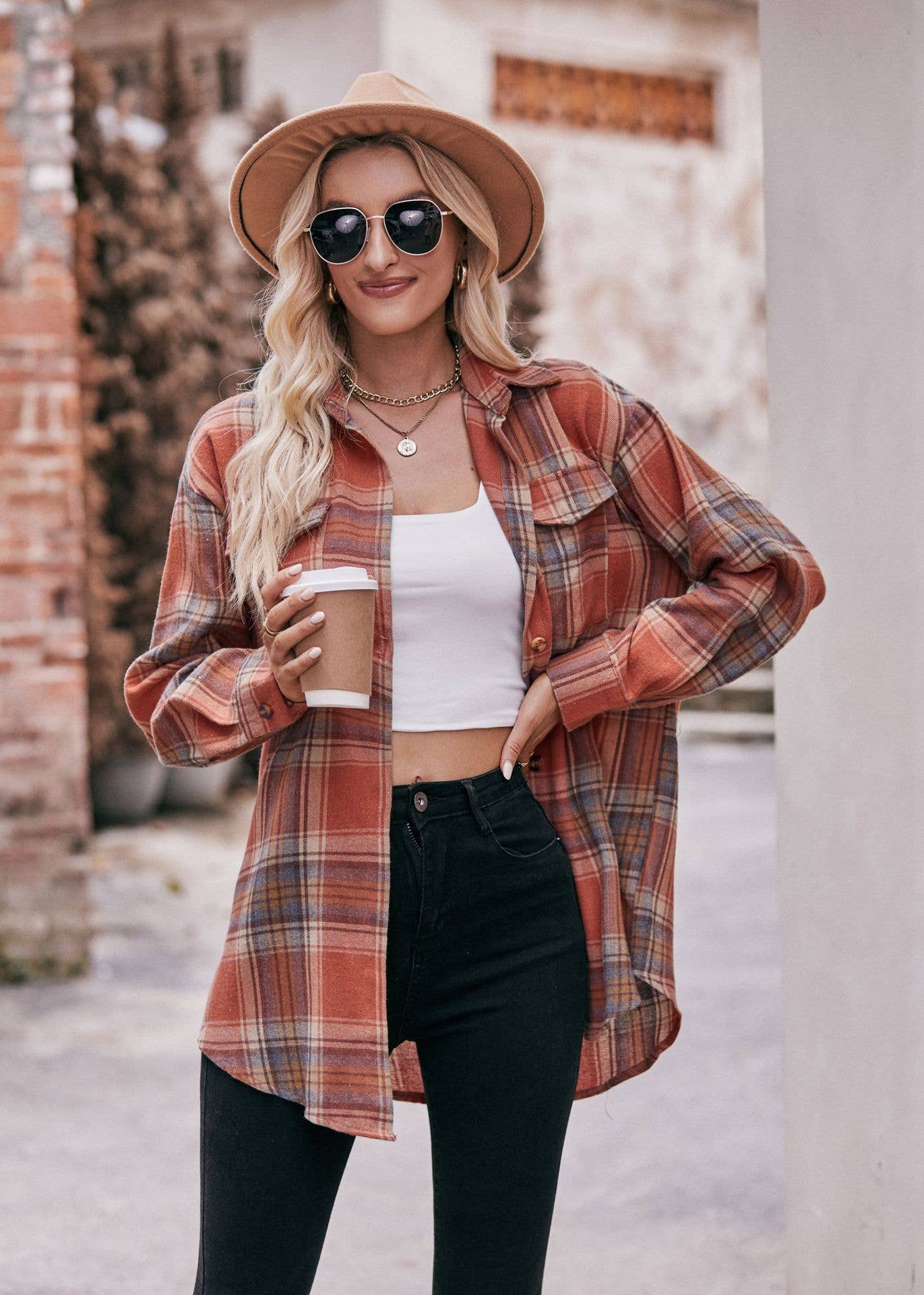 Plaid Button Down Flannel Shirt CLAY/BROWN