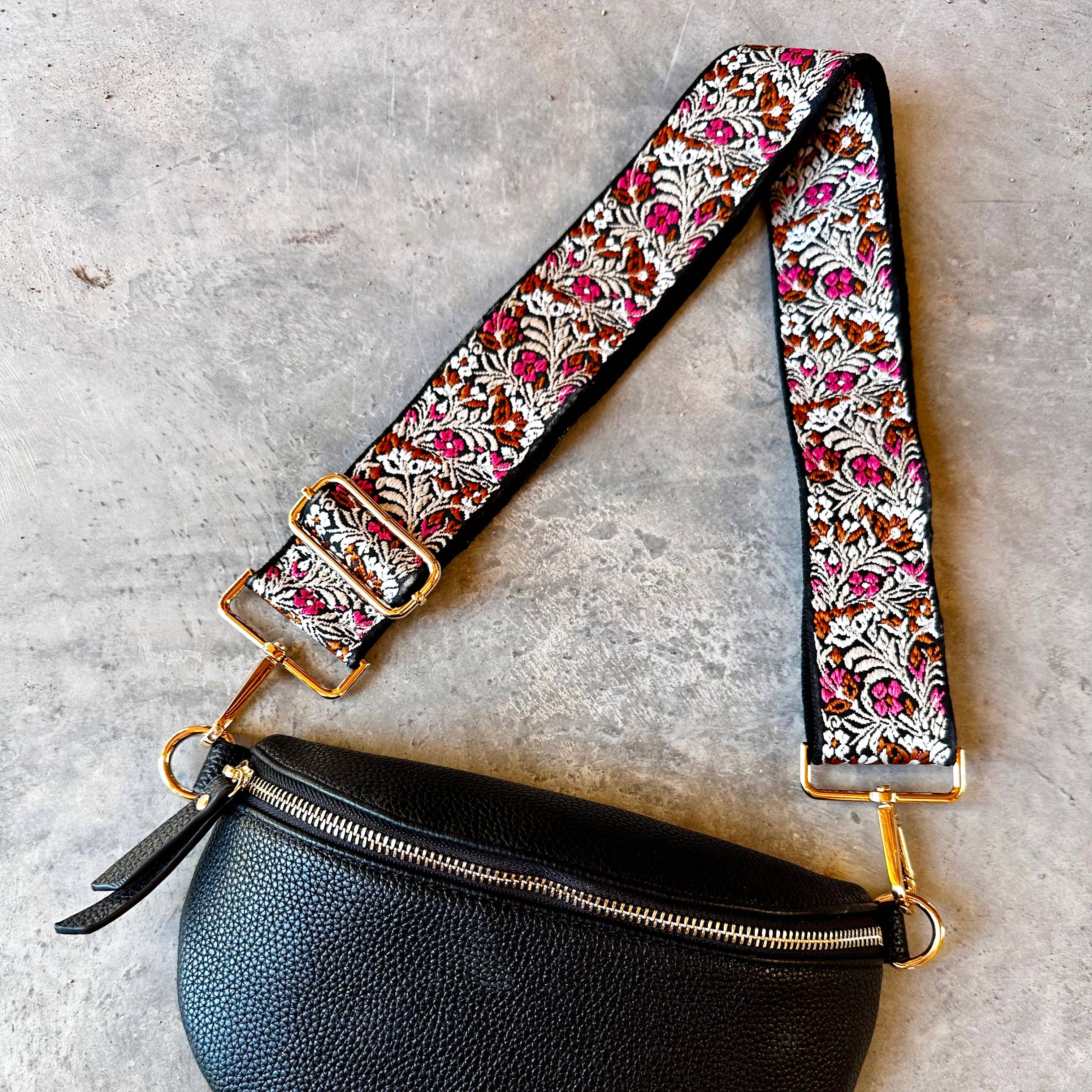 Crossbody Bag Guitar Strap - Brown and Pink Flower