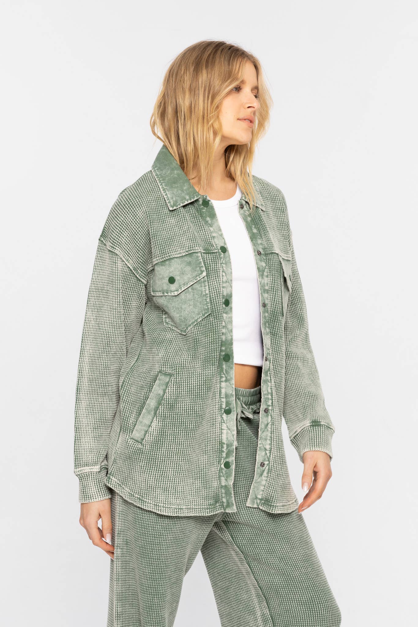 Waffle Knit Mineral-Washed Button Down DARK BASIL