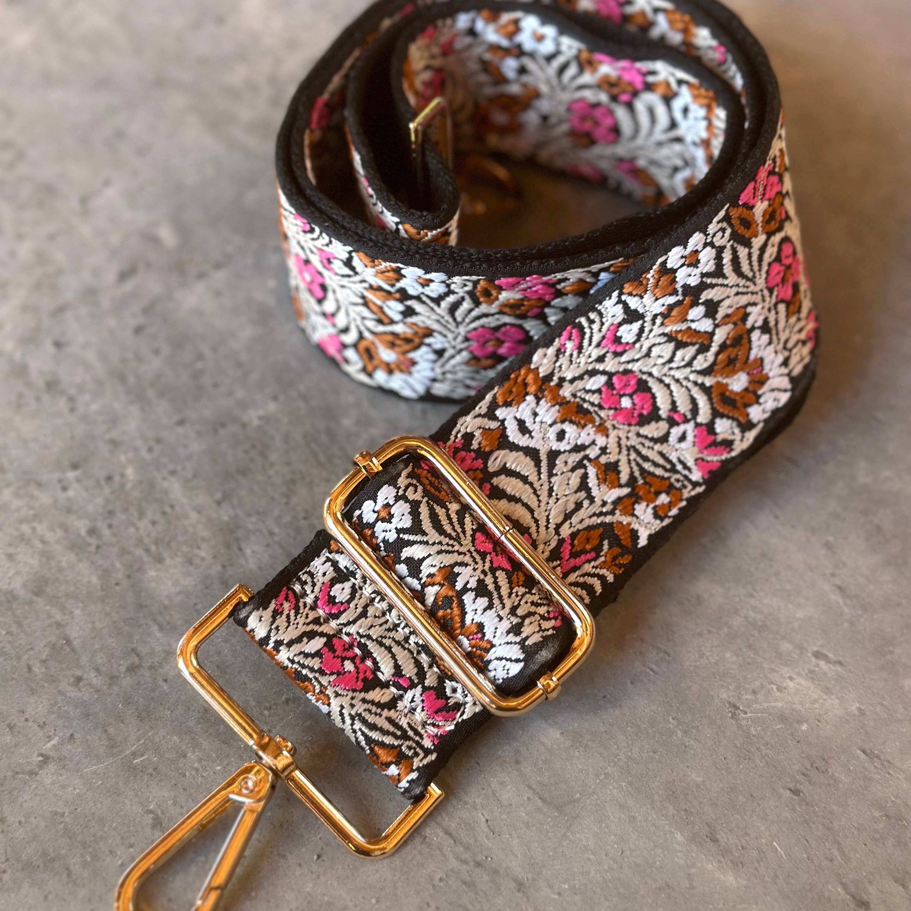 Crossbody Bag Guitar Strap - Brown and Pink Flower