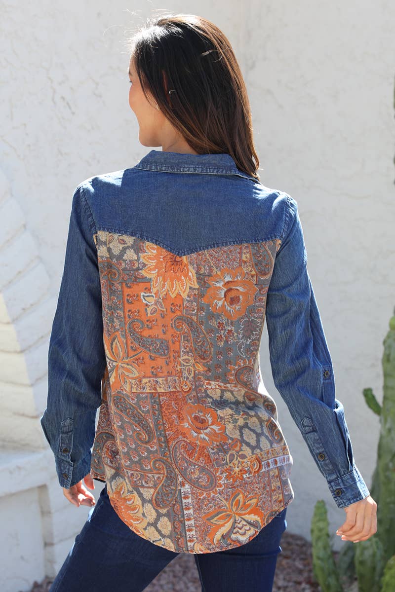 Paisley Back Embroidered Denim Top