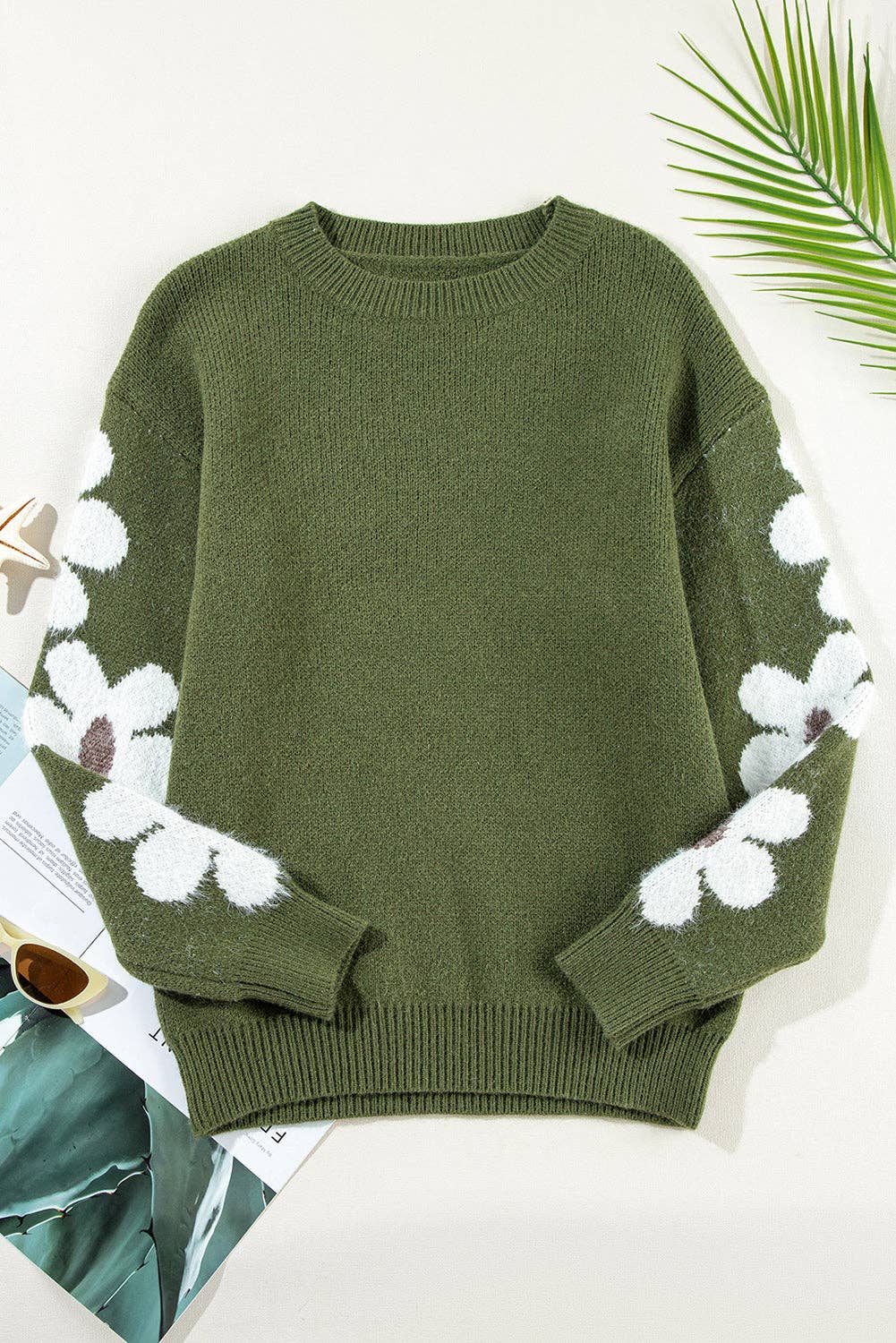 Floral Sleeve Pullover Sweater GREEN