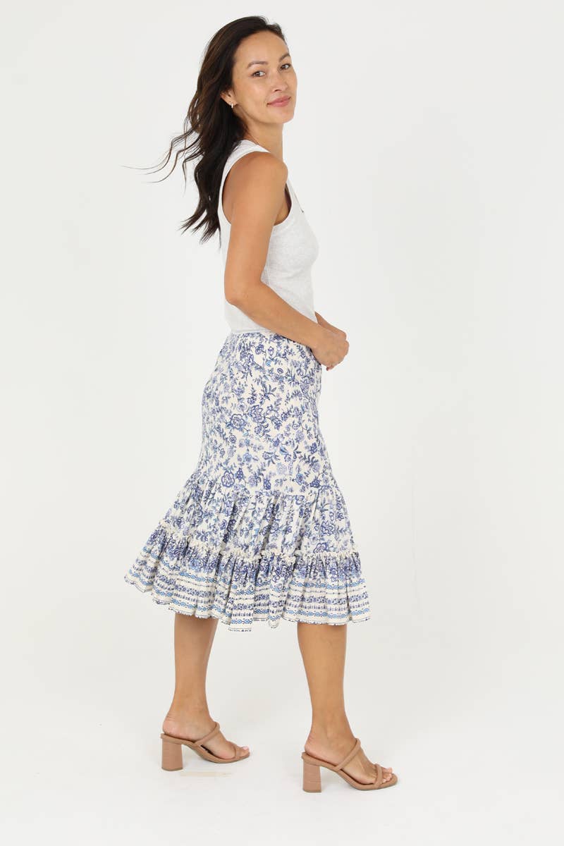 Blue Floral Tiered Skirt