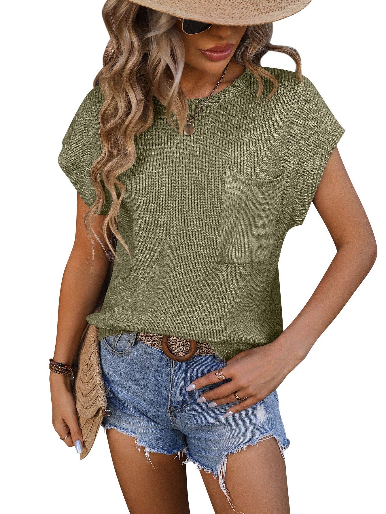 Crewneck Pocket Short-Sleeved Sweater GREEN