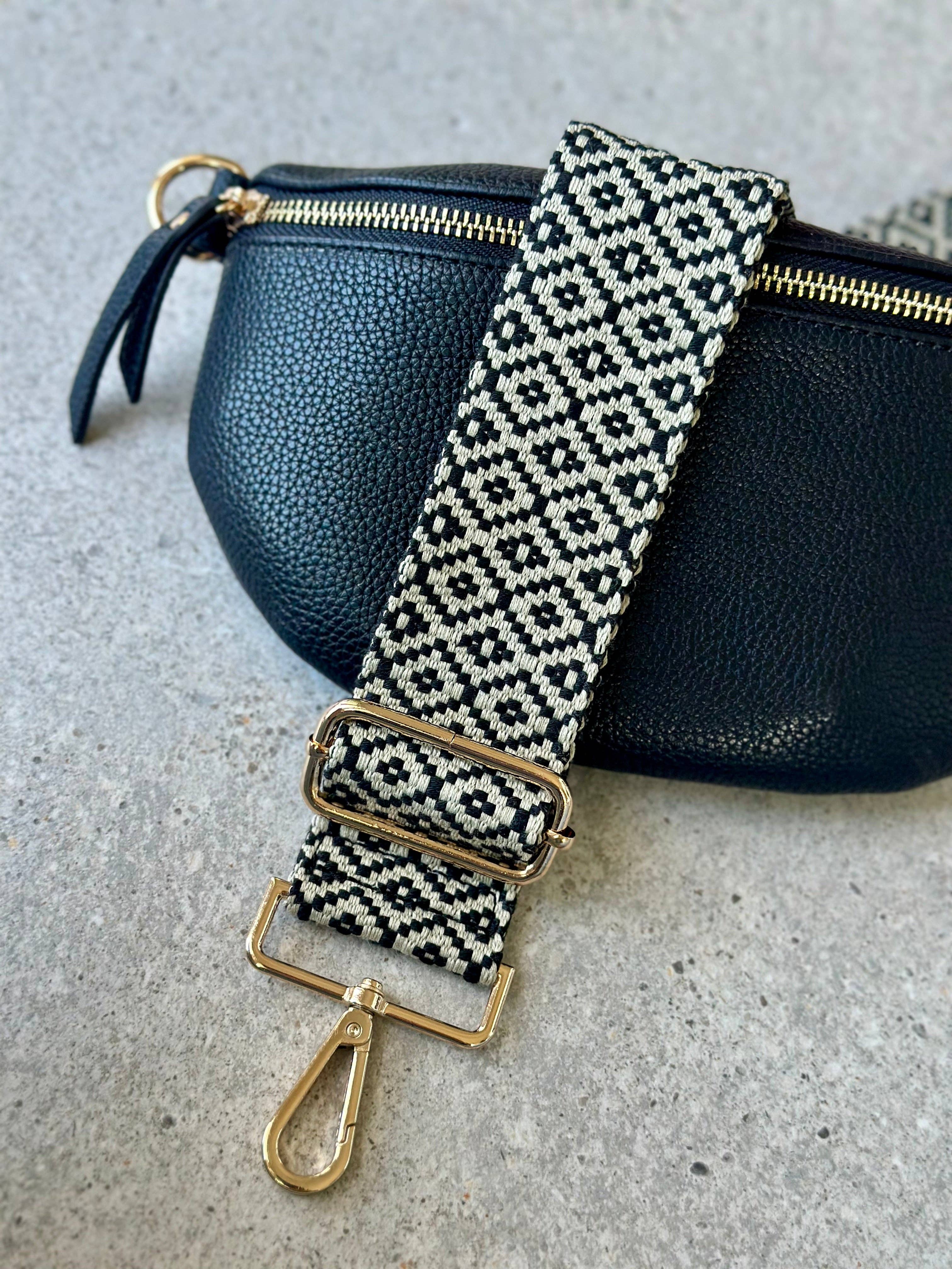 Crossbody Bag Guitar Strap - Black & Cream Diamond