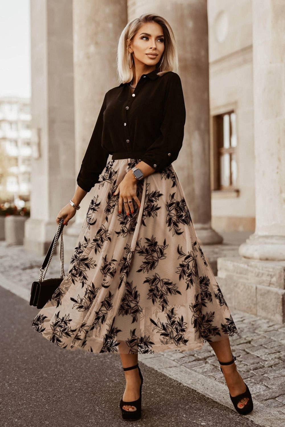 Floral Leaves Embroidered Tulle Maxi Skirt