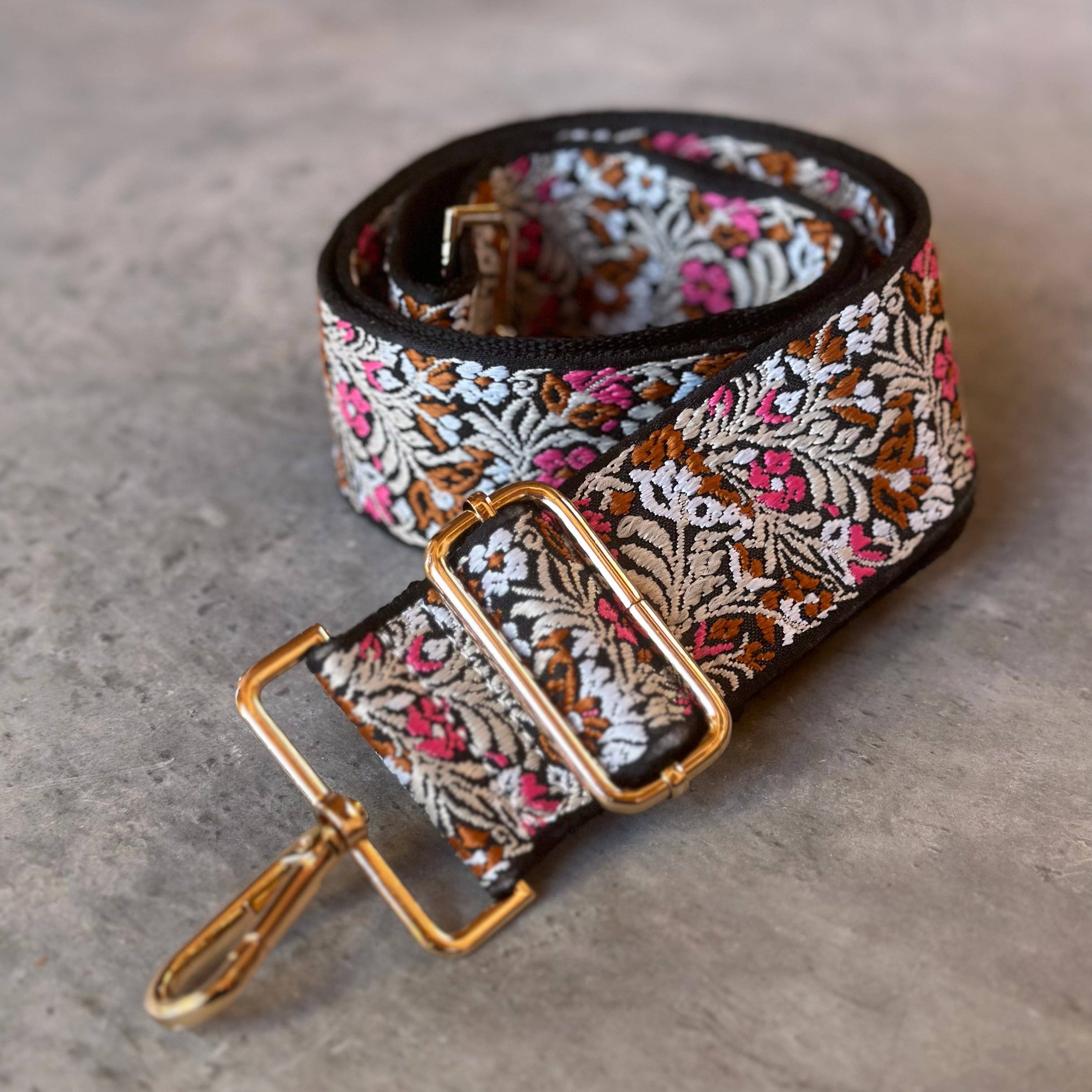 Crossbody Bag Guitar Strap - Brown and Pink Flower