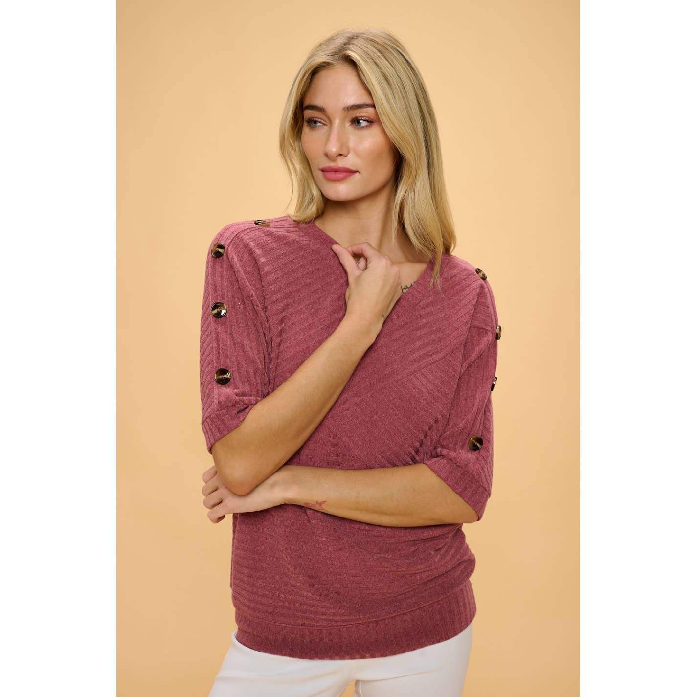 Button Shoulder Sweater RASPBERRY