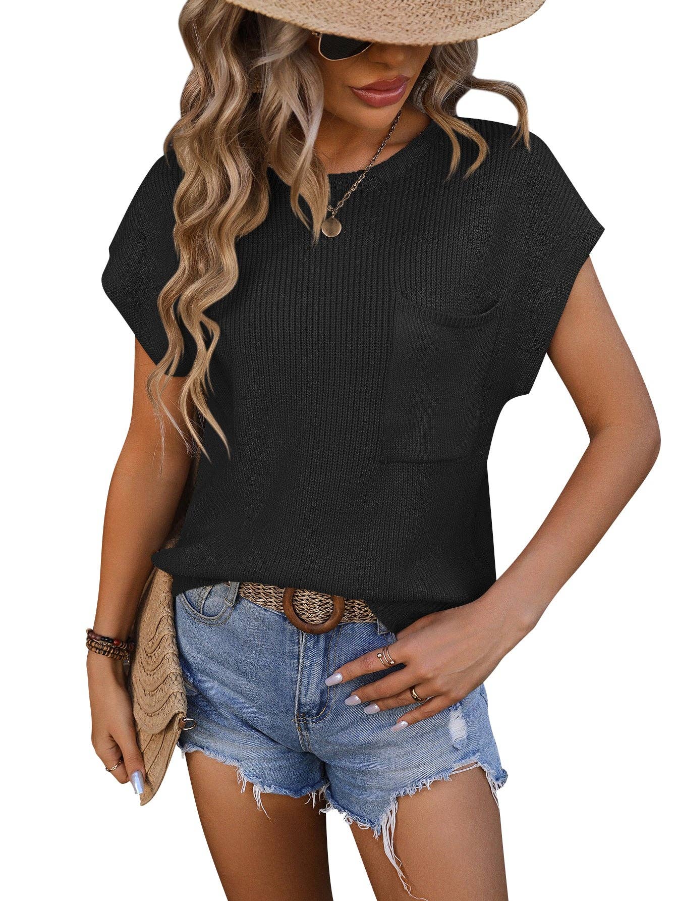 Crewneck Pocket Short-Sleeved Sweater BLACK