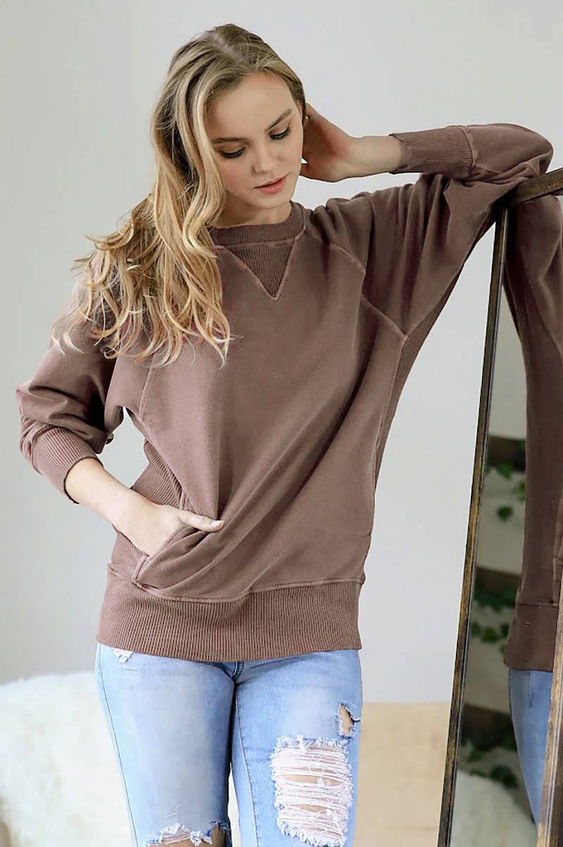 Washed French Terry Pullover With Side Pockets: BROWN