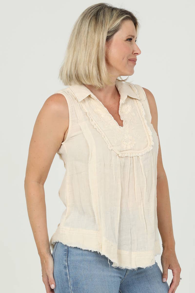 Embroidered COTTON Collared Tank BEIGE