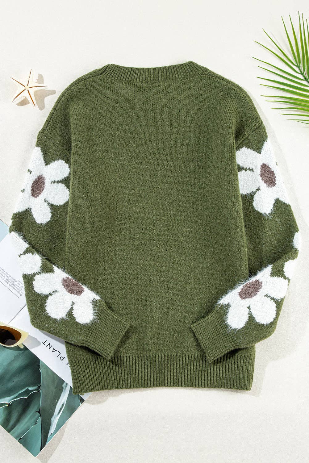 Floral Sleeve Pullover Sweater GREEN