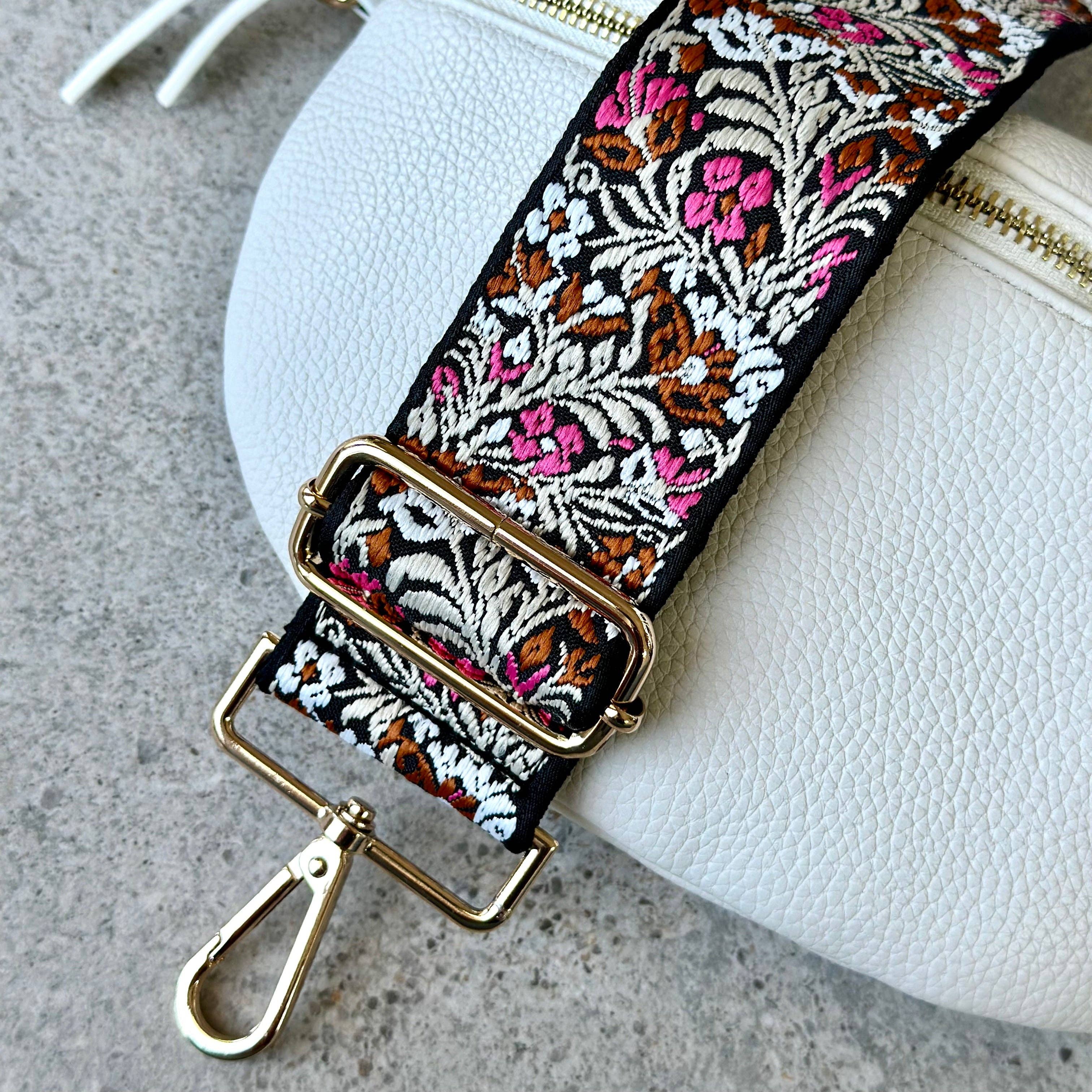 Crossbody Bag Guitar Strap - Brown and Pink Flower