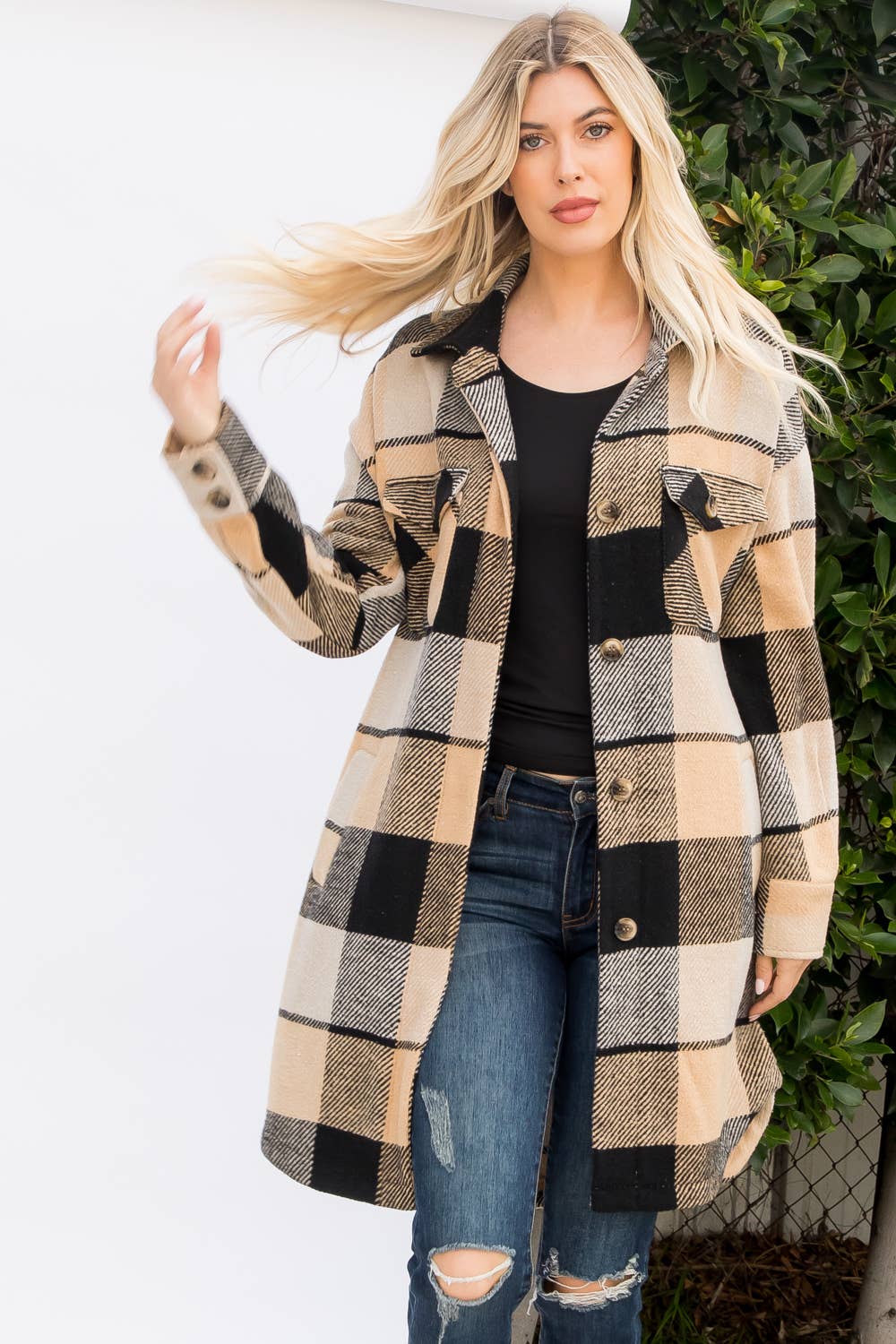 Plaid Print Long Button Up Shacket