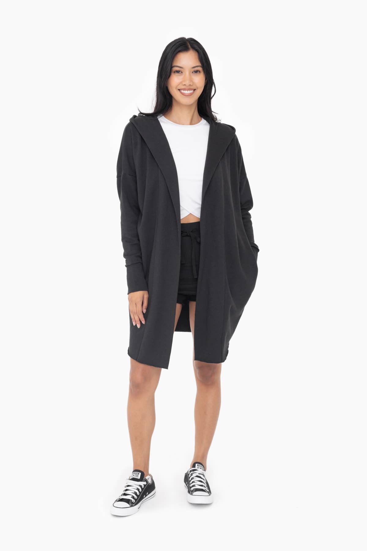 Open Front Hoodie Cardigan BLACK