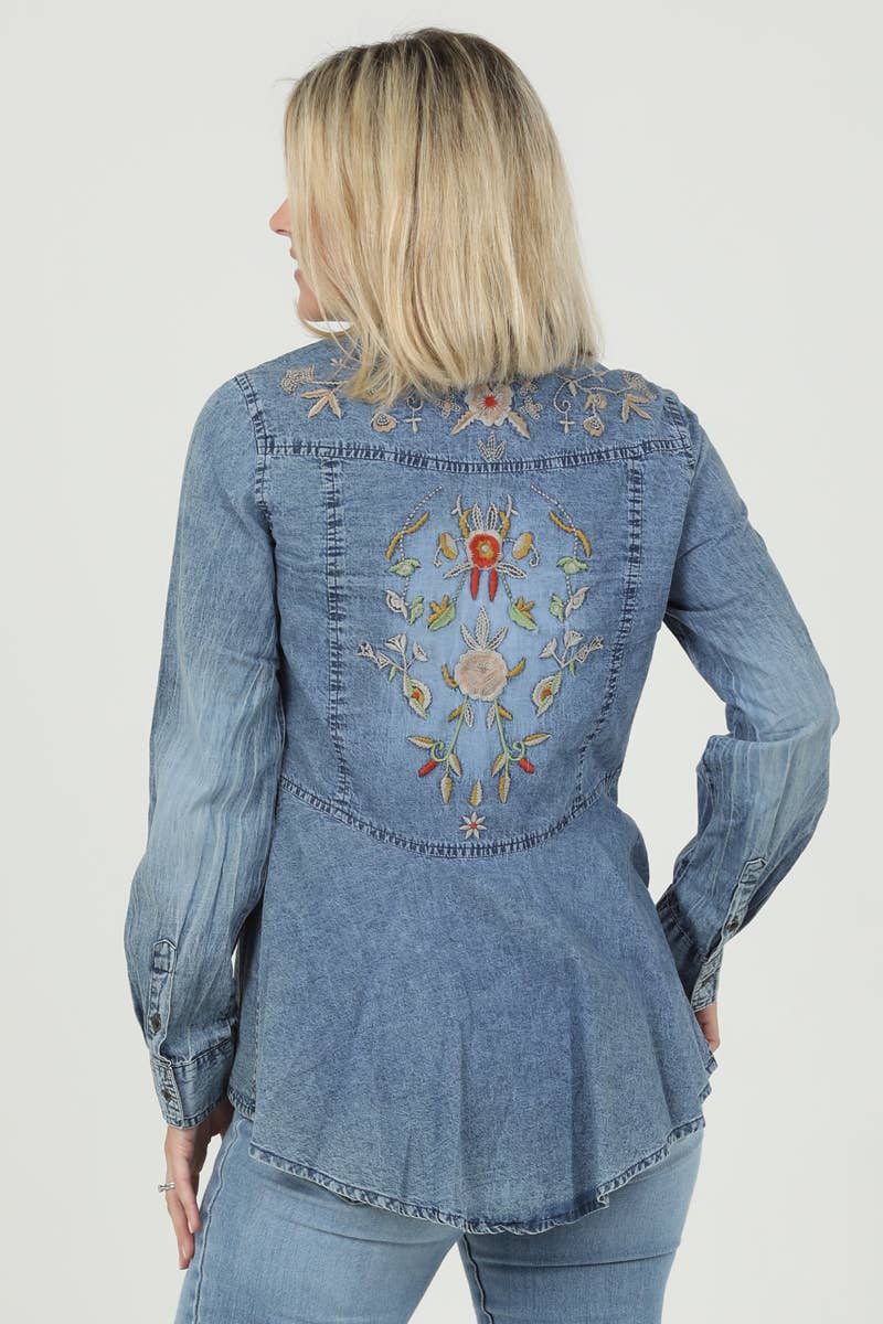 Embroidered Back Button Up Top BLUE