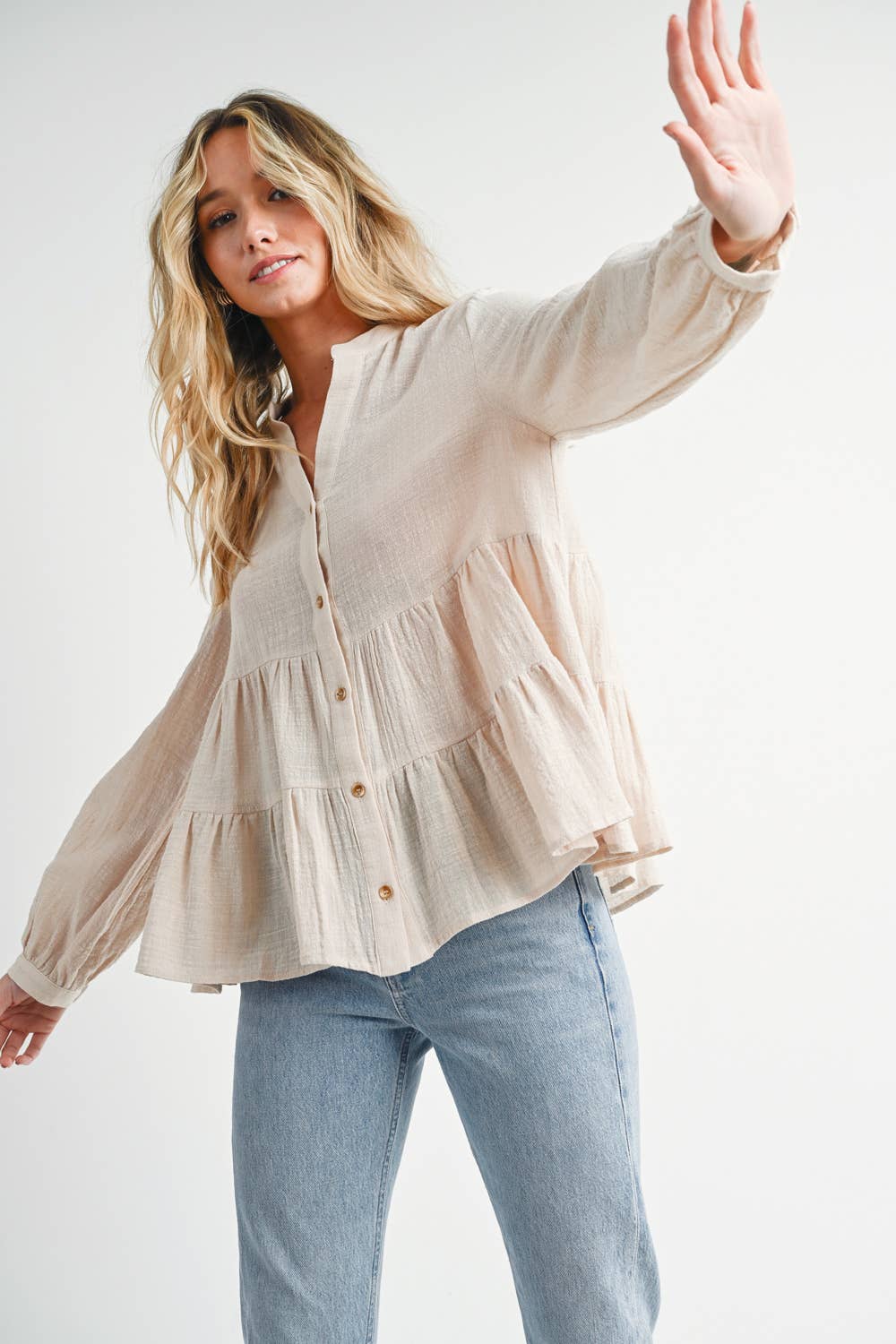 Tiered Cotton Boho Blouse BEIGE