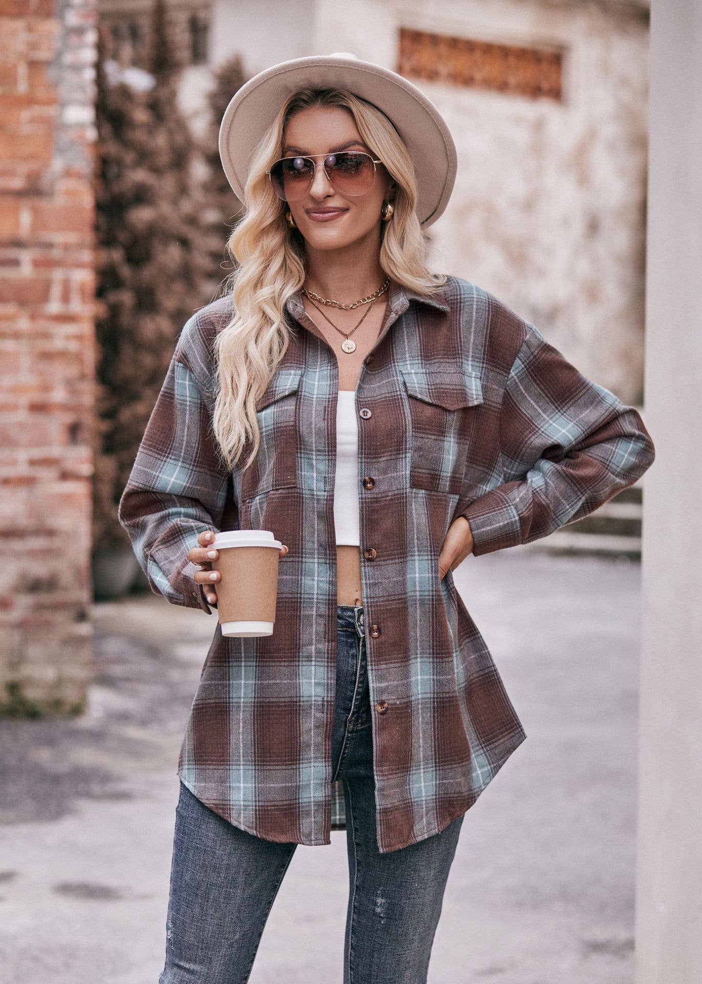 Plaid Button Down Flannel Shirt BROWN/AQUA