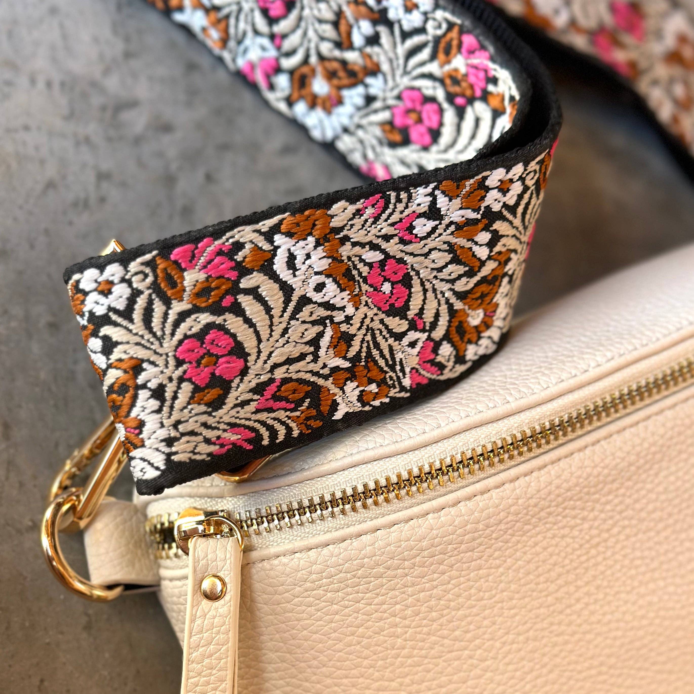 Crossbody Bag Guitar Strap - Brown and Pink Flower