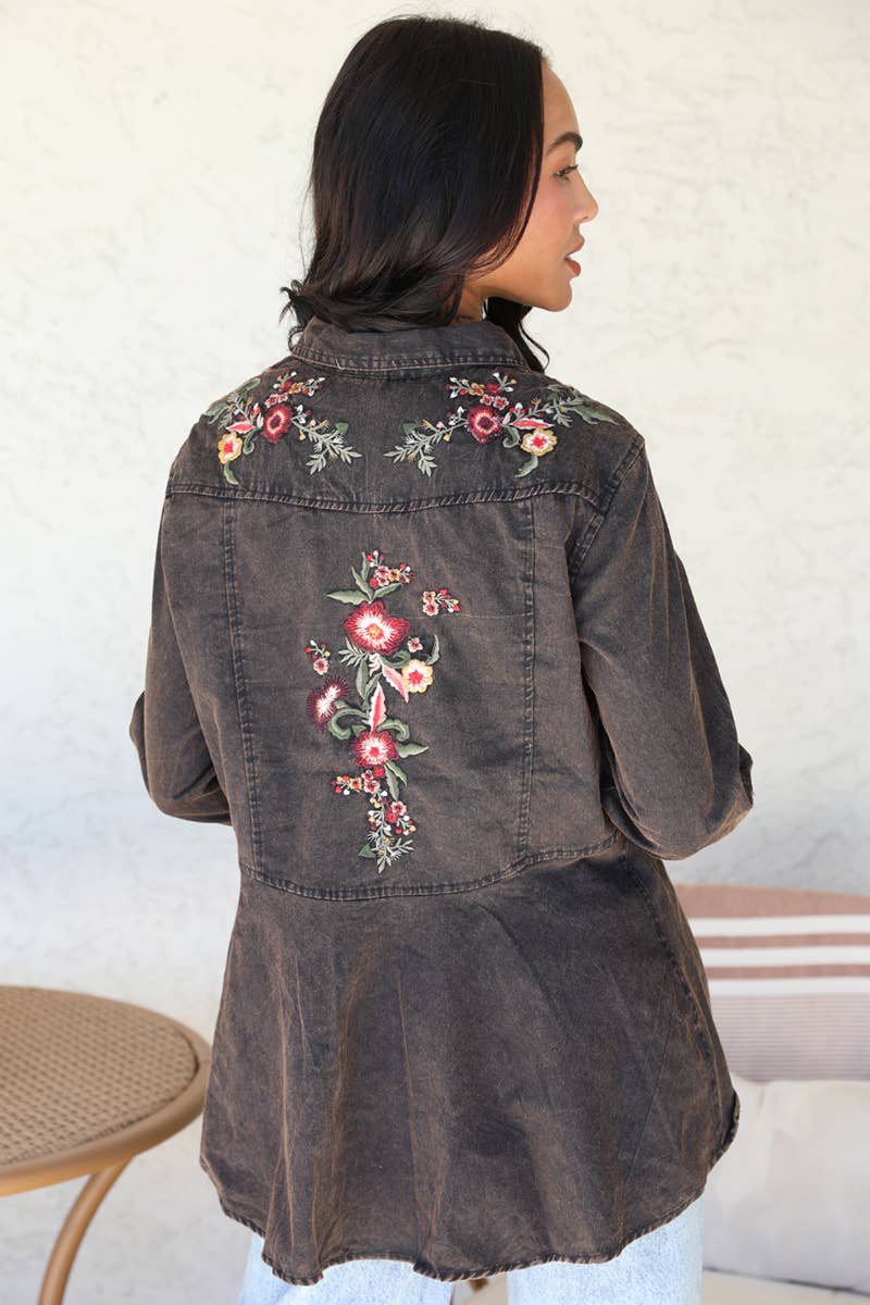 Embroidered Back Button Up Top BLACK