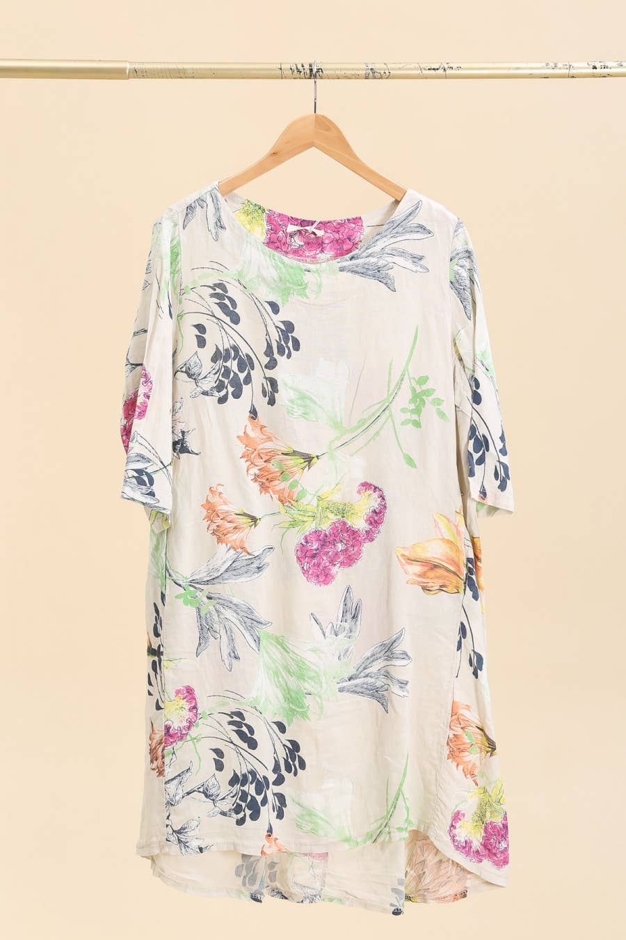 Linen Midi Floral Dress BEIGE