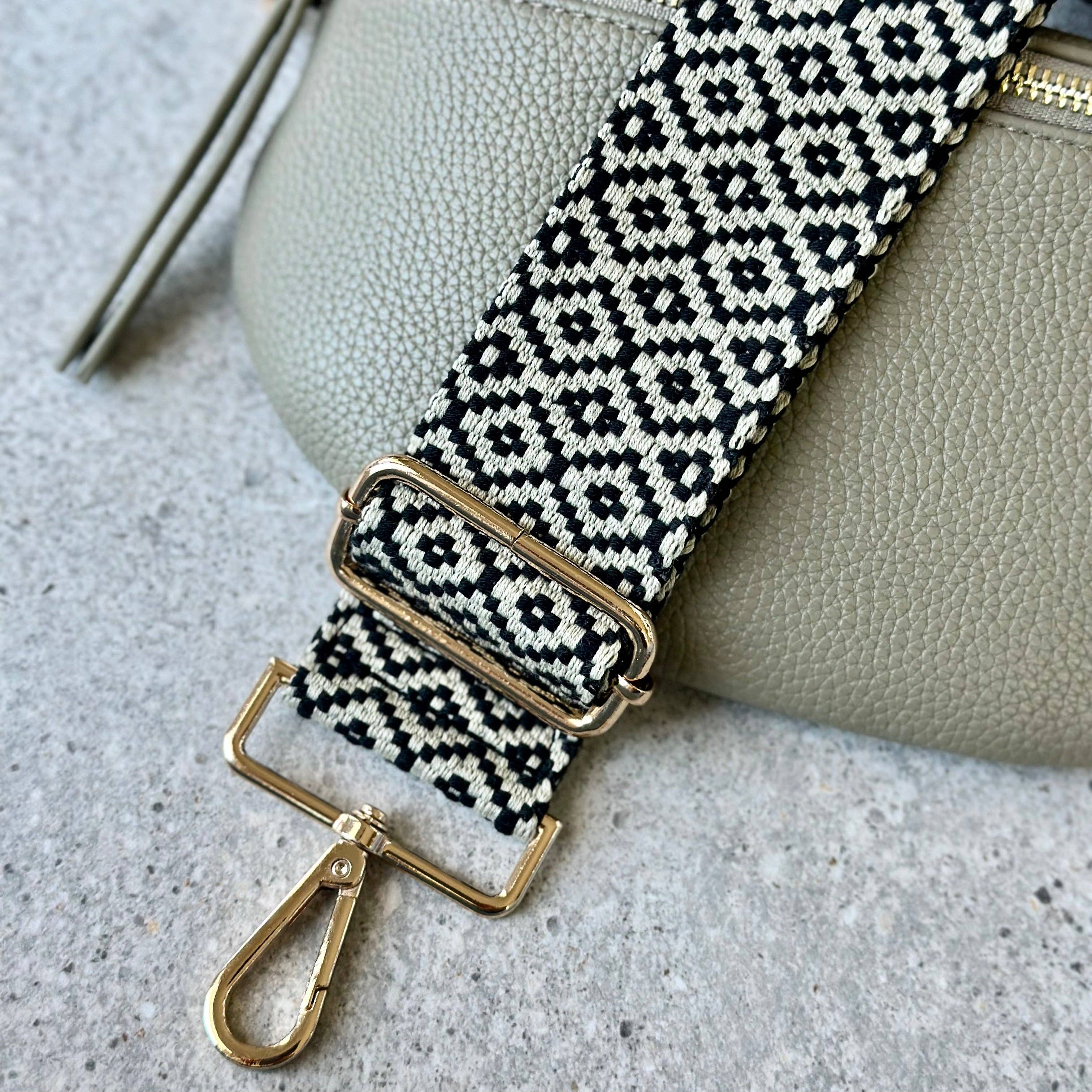 Crossbody Bag Guitar Strap - Black & Cream Diamond