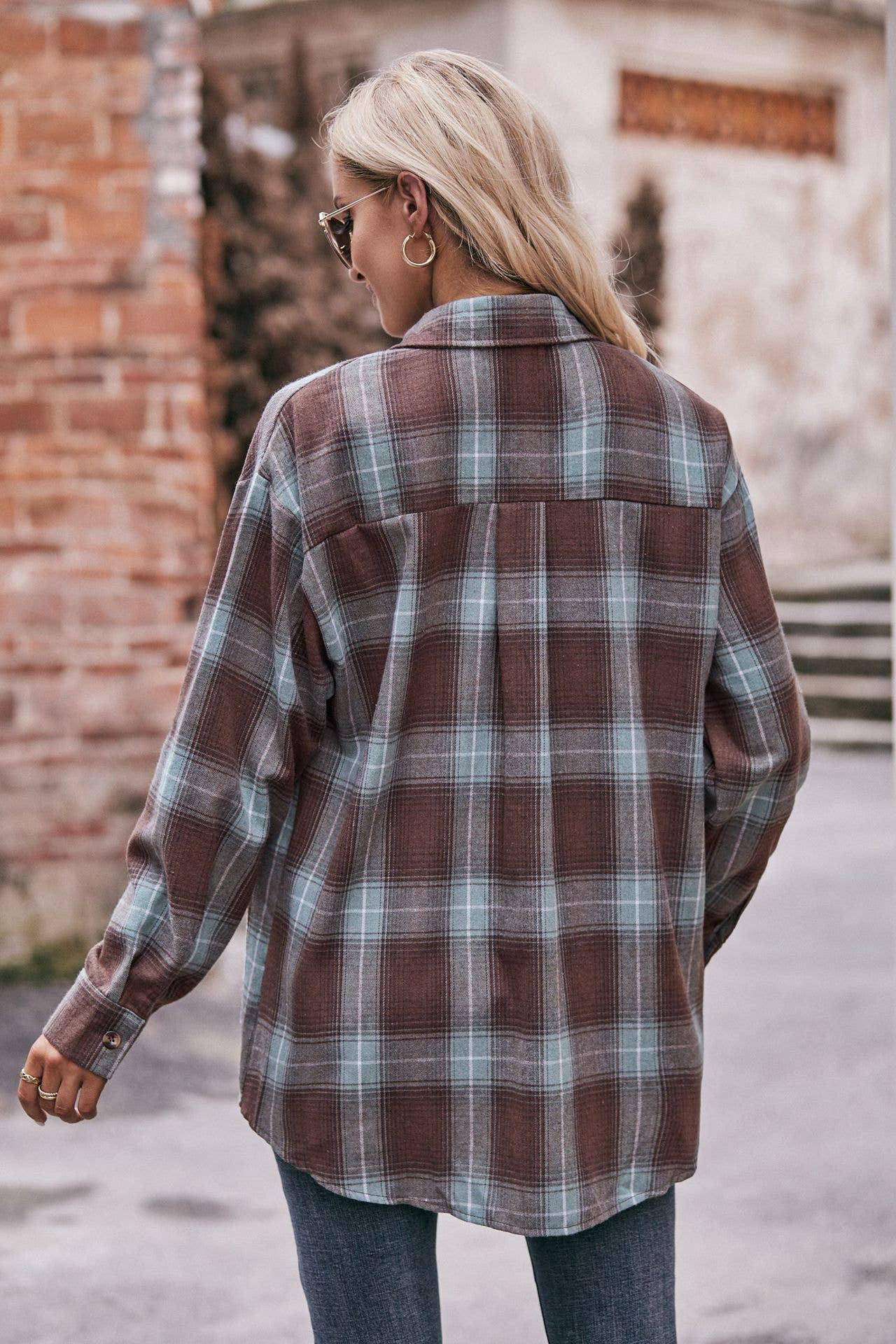 Plaid Button Down Flannel Shirt BROWN/AQUA