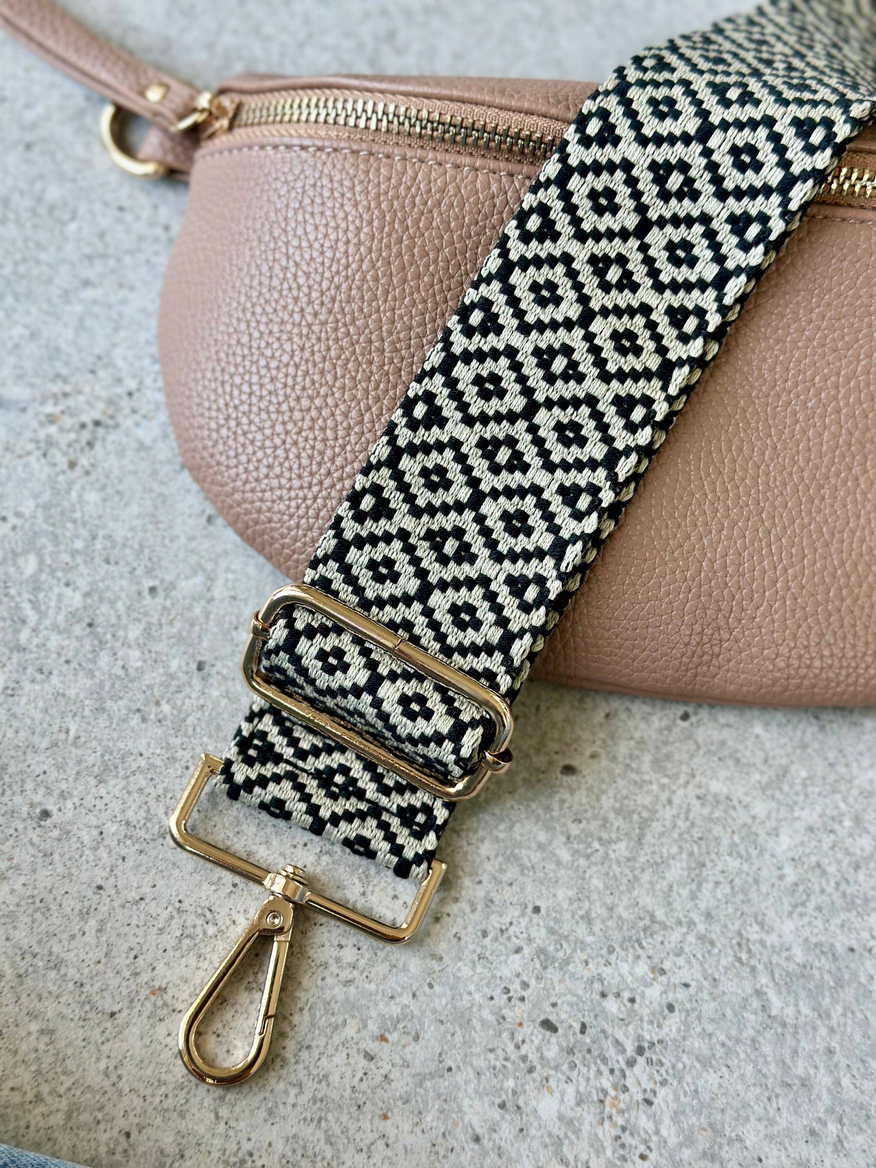 Crossbody Bag Guitar Strap - Black & Cream Diamond