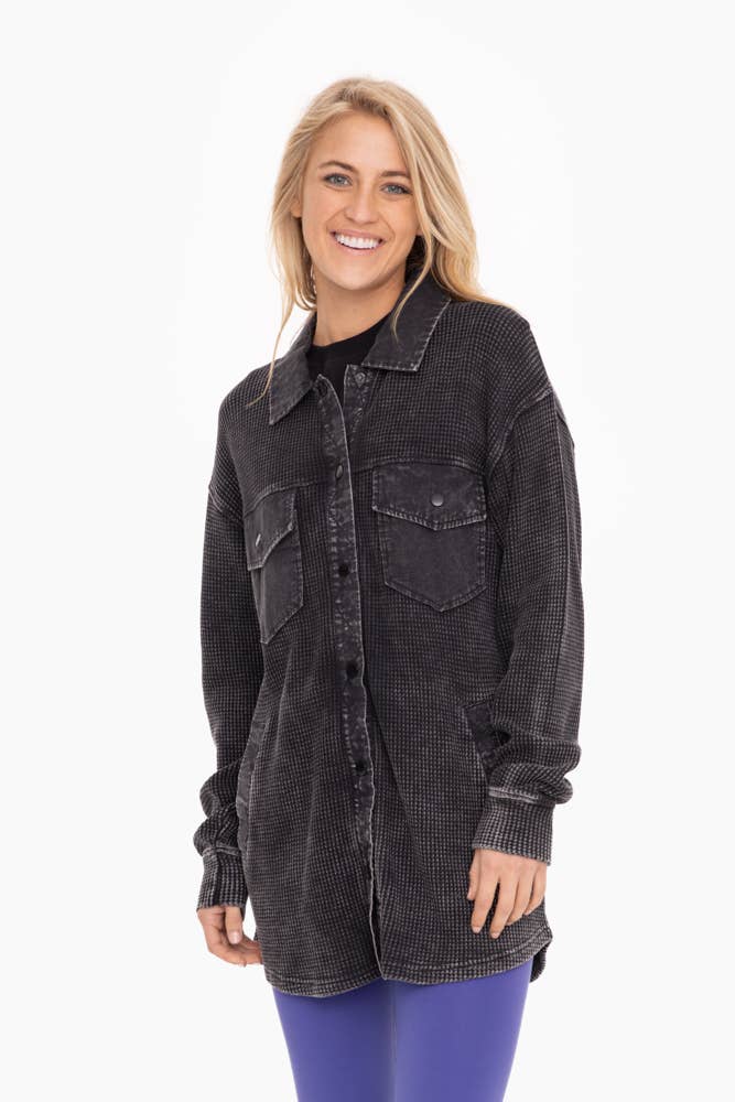 Waffle Knit Mineral-Washed Button Down BLACK