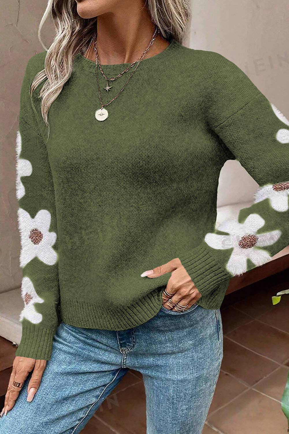 Floral Sleeve Pullover Sweater GREEN