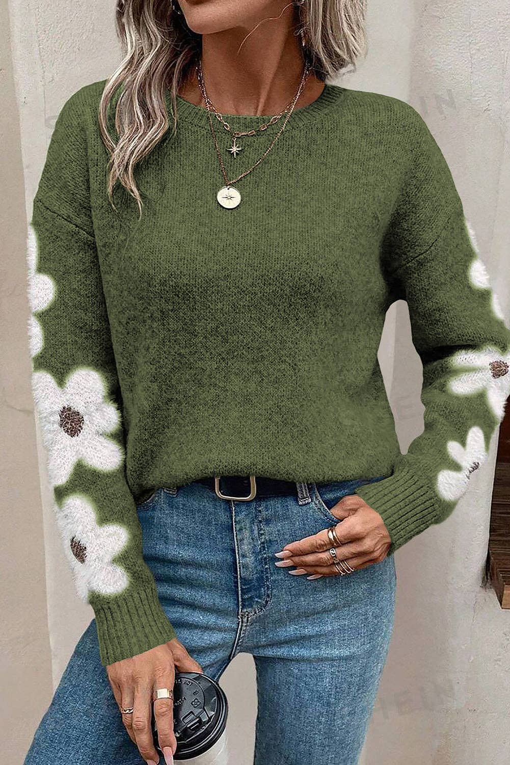 Floral Sleeve Pullover Sweater