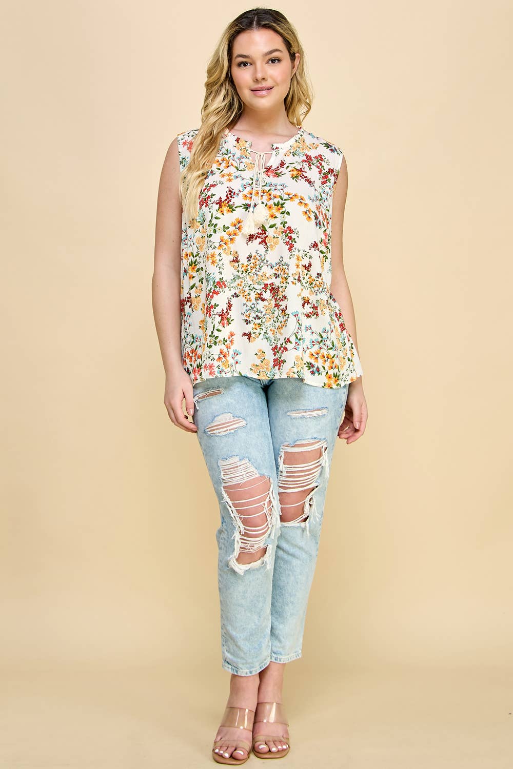 Sleeveless Tunic With Tassles BRIGHT FLORAL