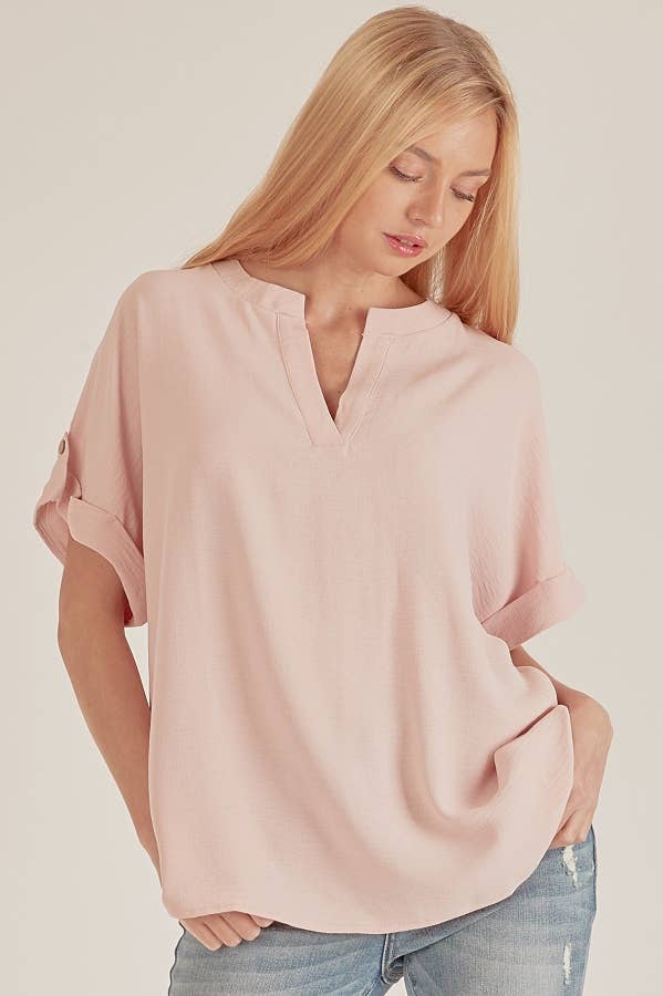 Button Sleeve V-Neck Top PINK