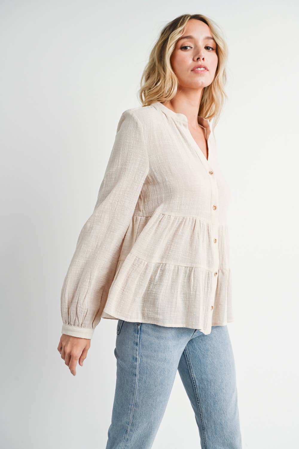 Tiered Cotton Boho Blouse BEIGE