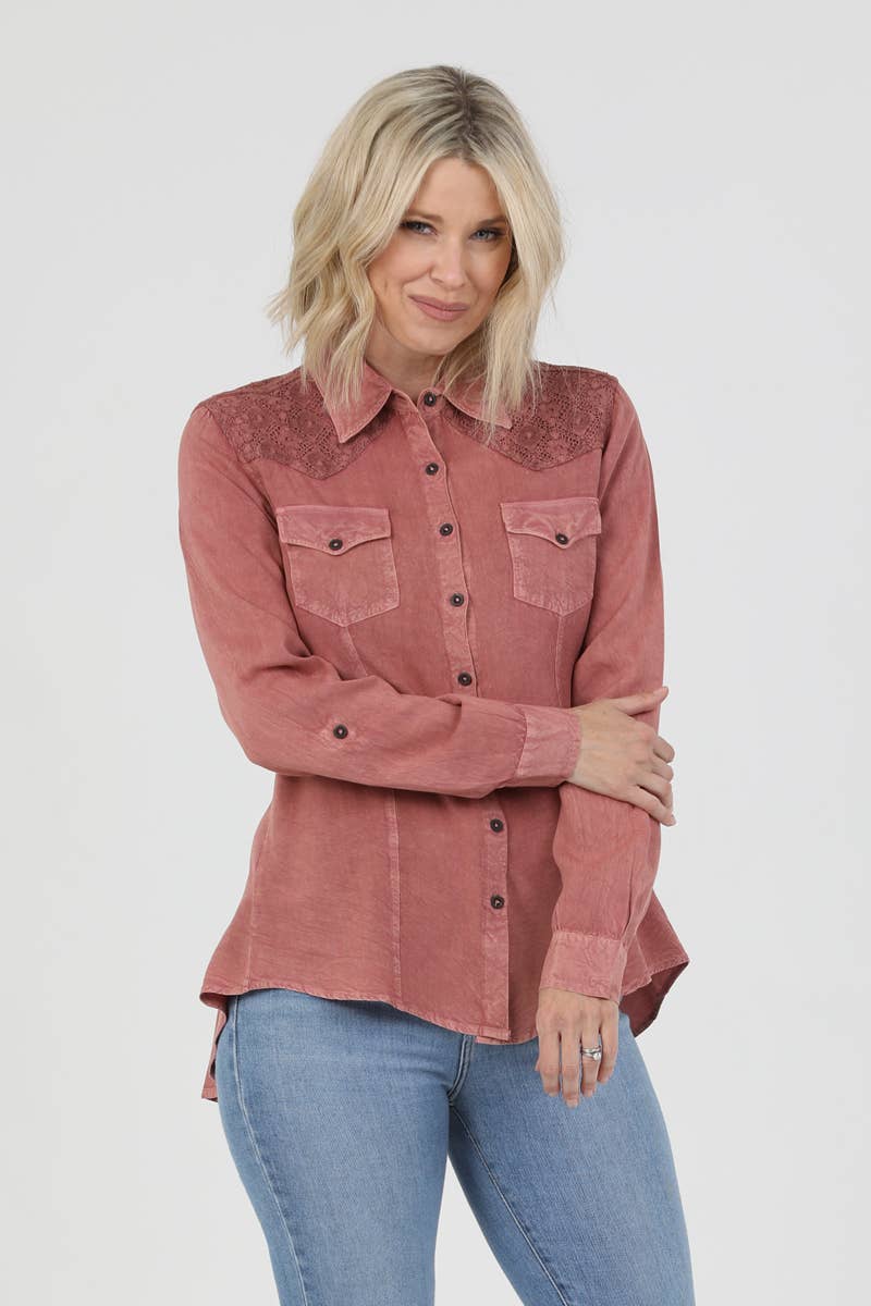 Button Front Tie Back Long Sleeve Top