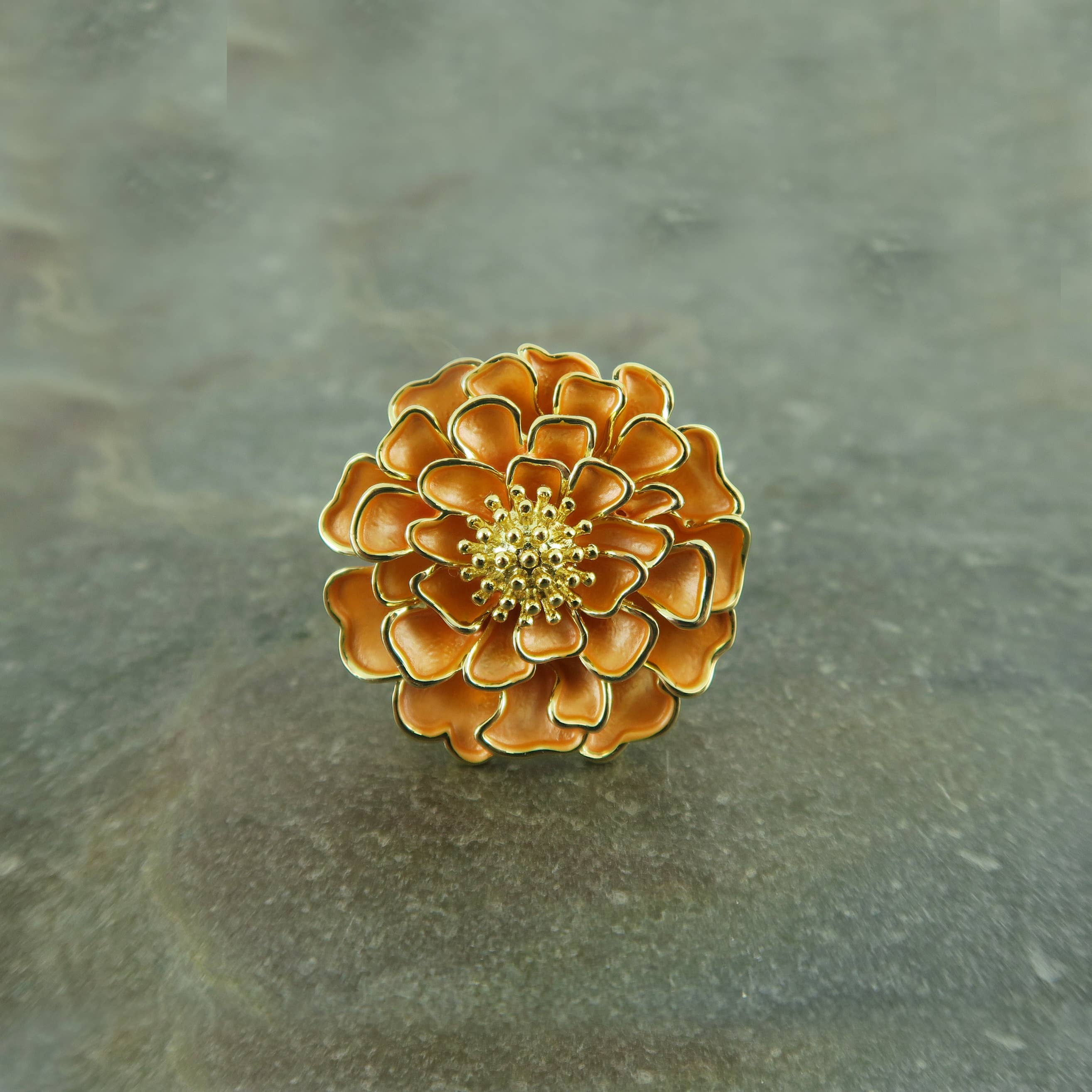 Marigold Orange Flower Brooch, Gold Tone