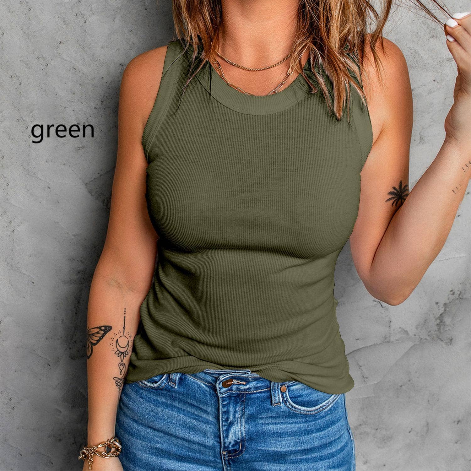 Sleeveless Basic Cami Tank Tops GREEN