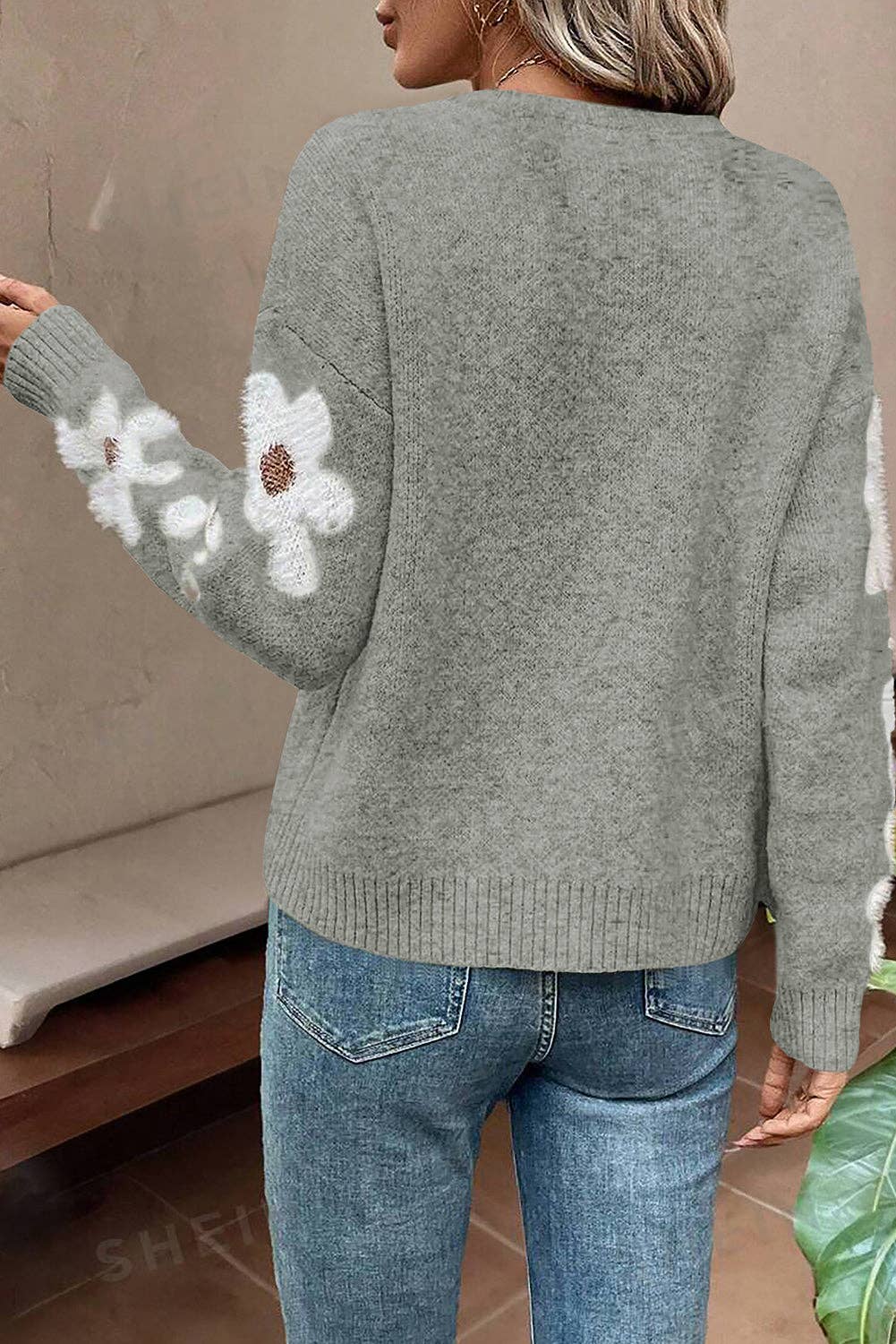 Floral Sleeve Pullover Sweater GREY