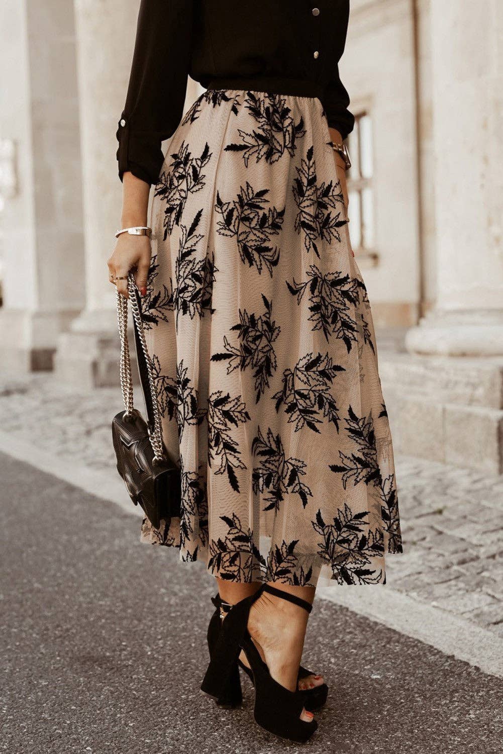 Floral Leaves Embroidered Tulle Maxi Skirt