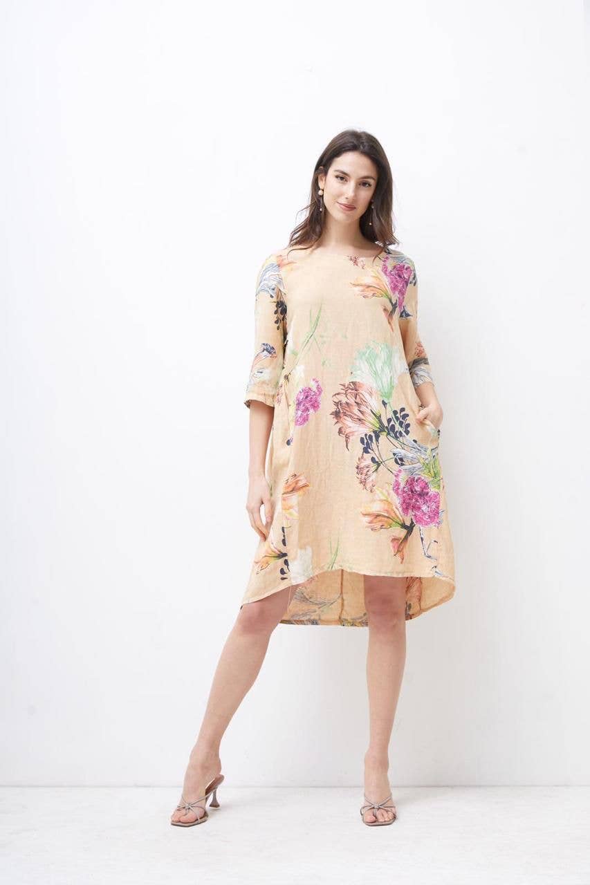 Linen Midi Floral Dress BEIGE