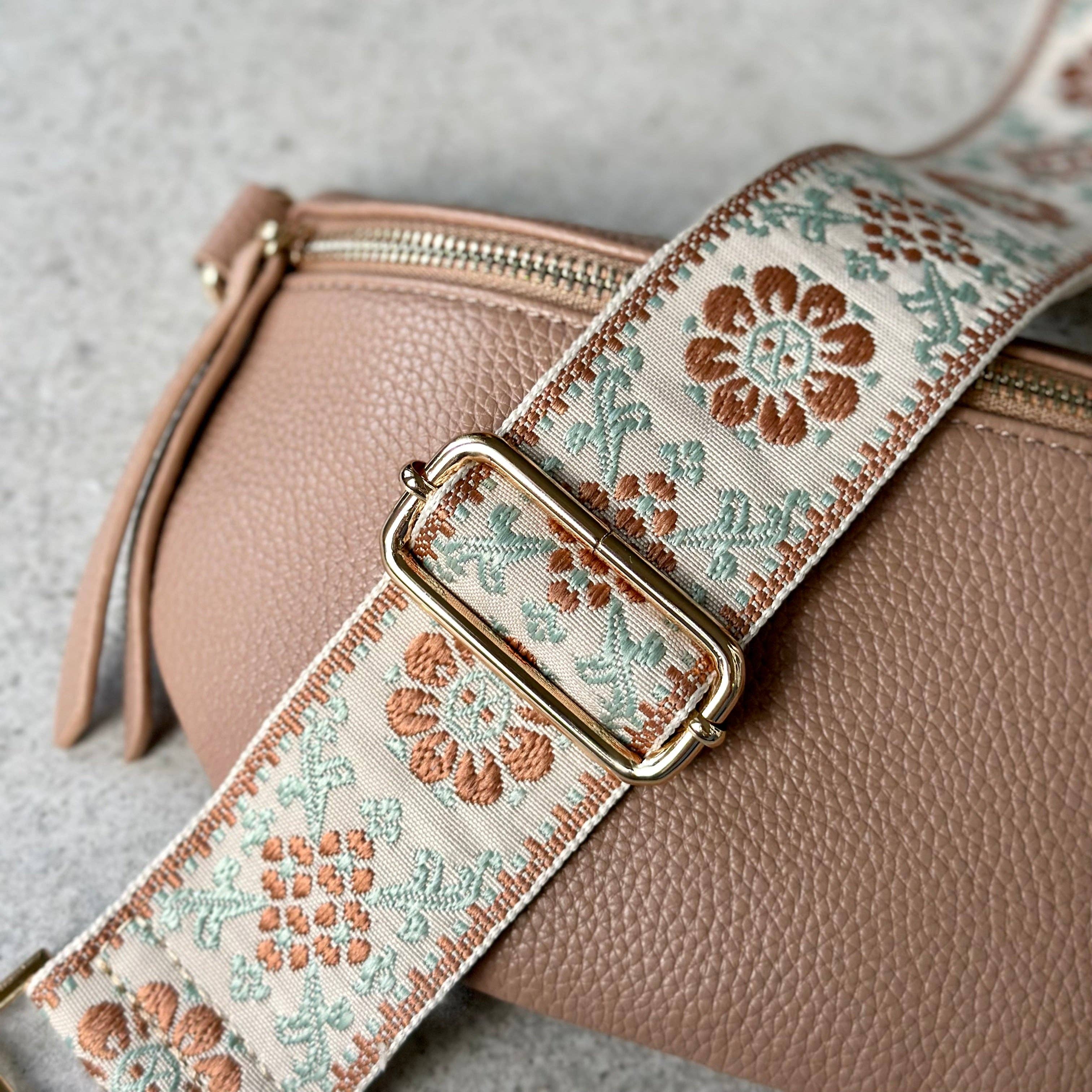 Crossbody Bag Guitar Strap - Mint Brown Floral