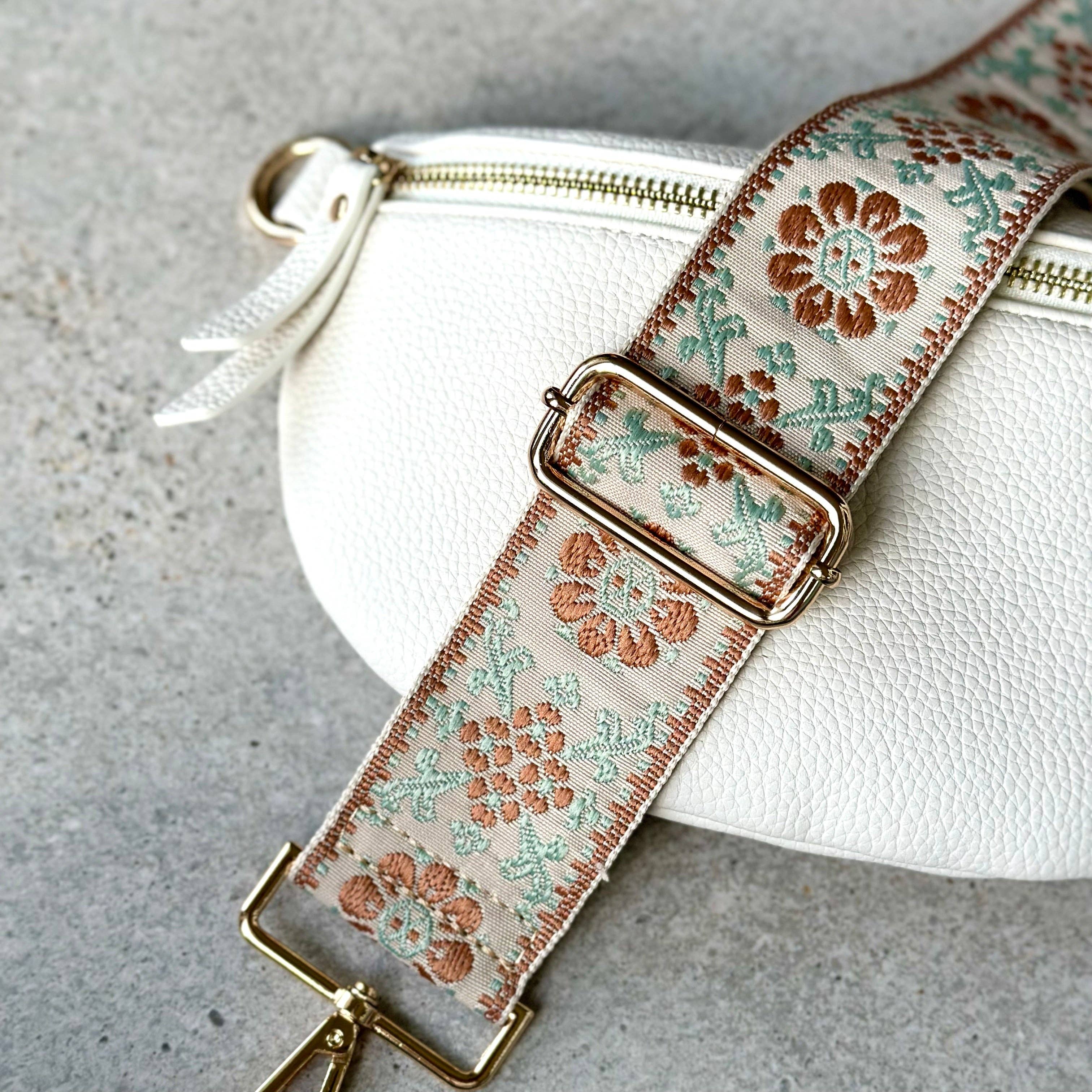 Crossbody Bag Guitar Strap - Mint Brown Floral