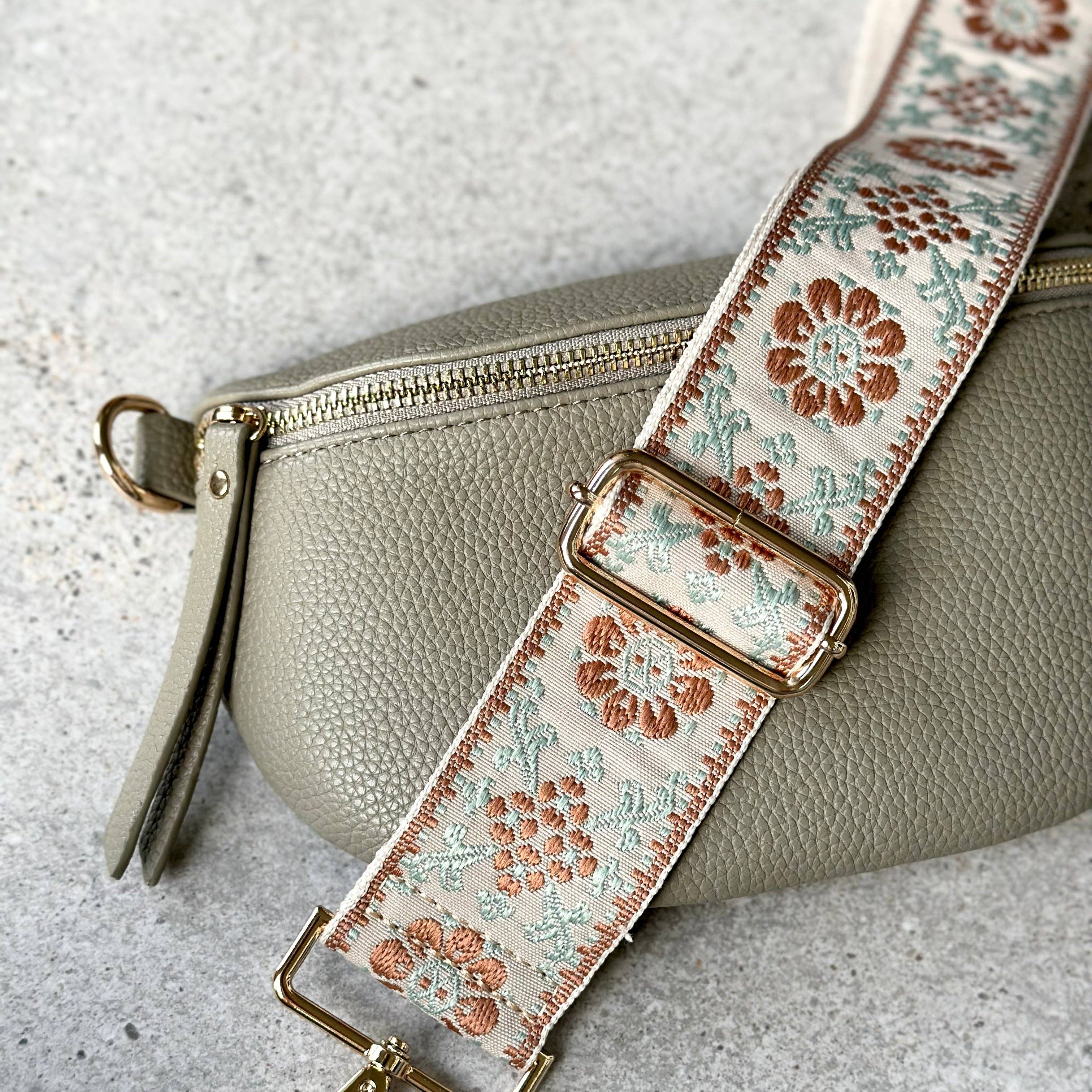 Crossbody Bag Guitar Strap - Mint Brown Floral