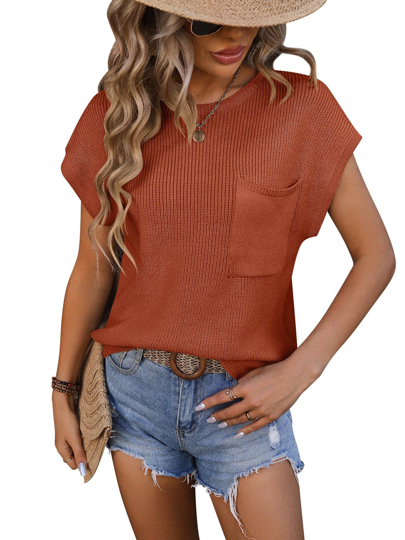 Crewneck Pocket Short-Sleeved Sweater RUST