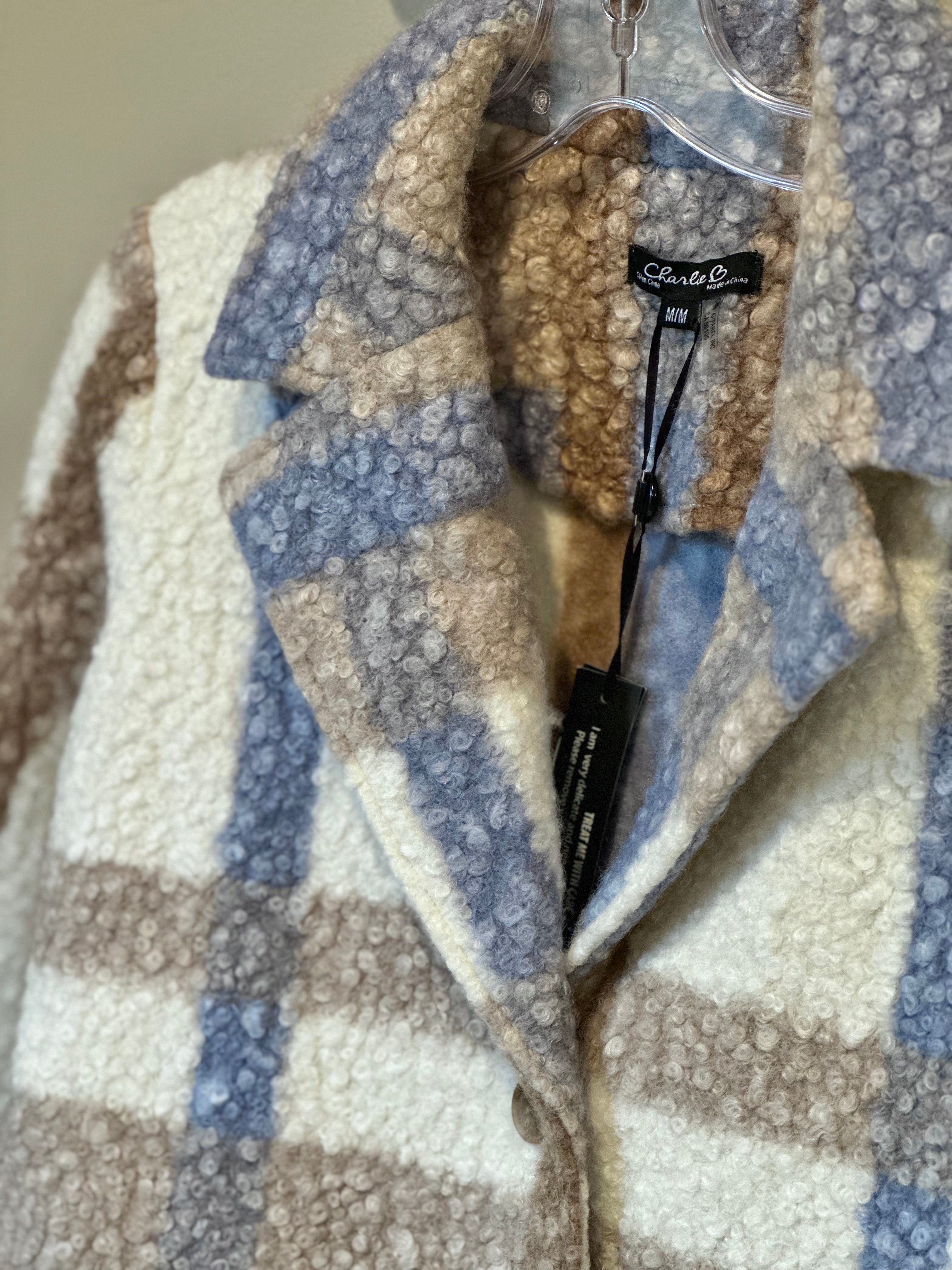 Plaid Boucle Knit Button Up Coat OAT/BLUE