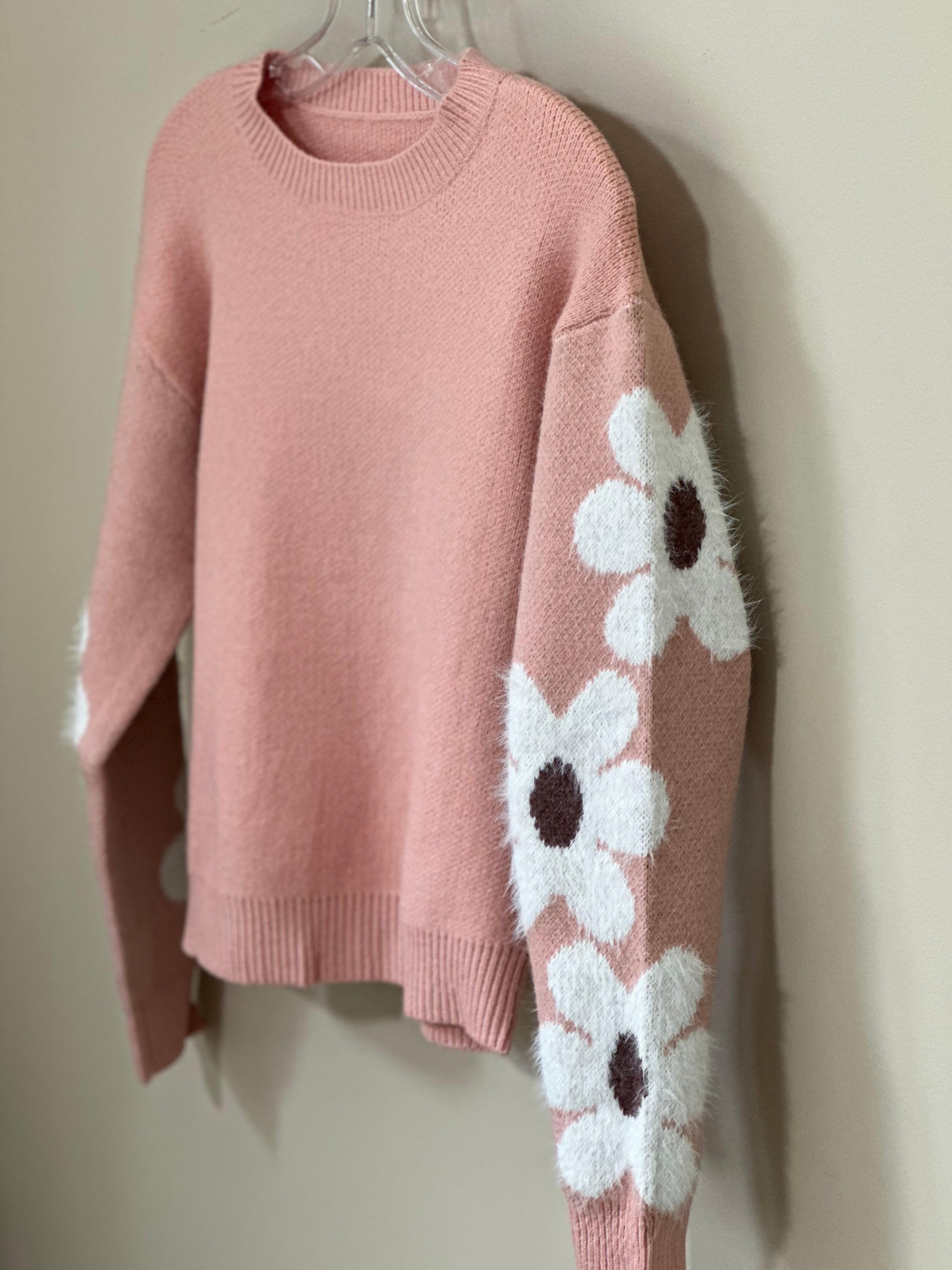 Floral Sleeve Pullover Sweater PINK