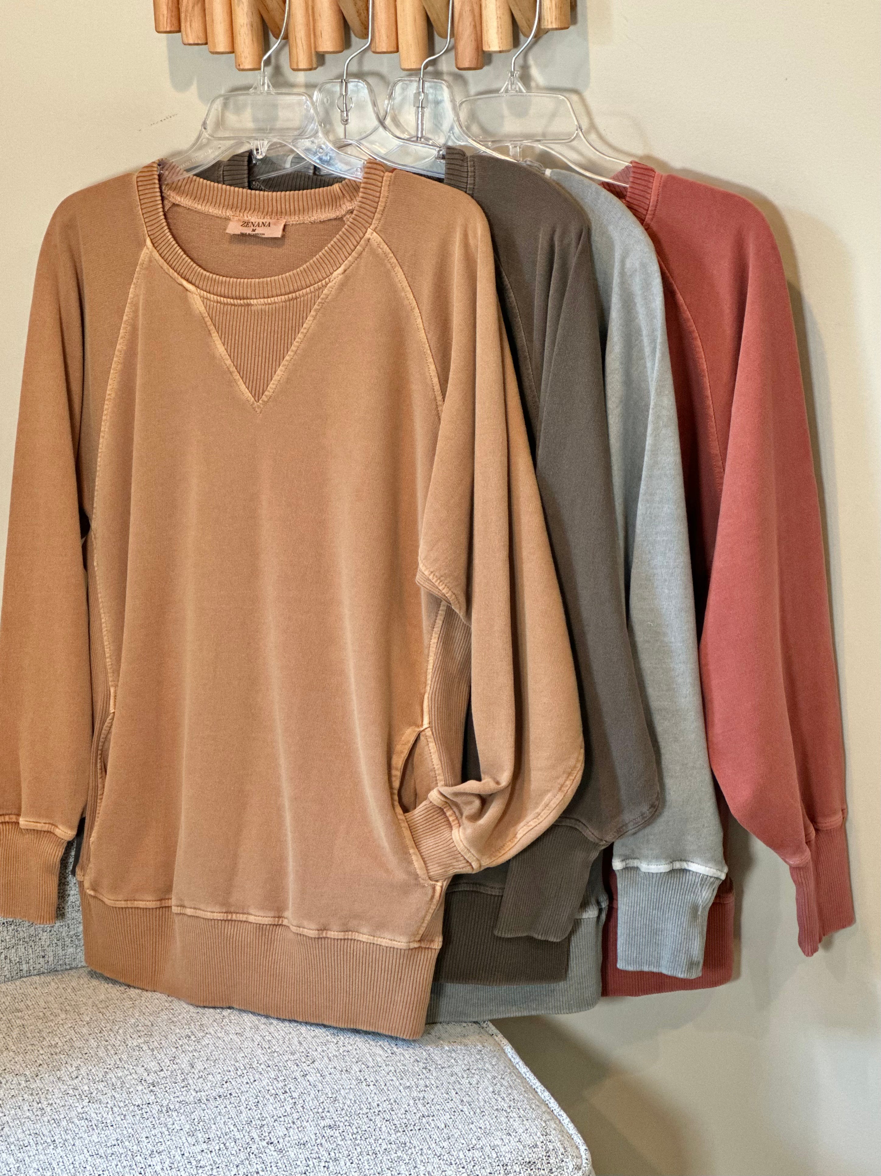 Washed French Terry Pullover With Side Pockets: CAMEL