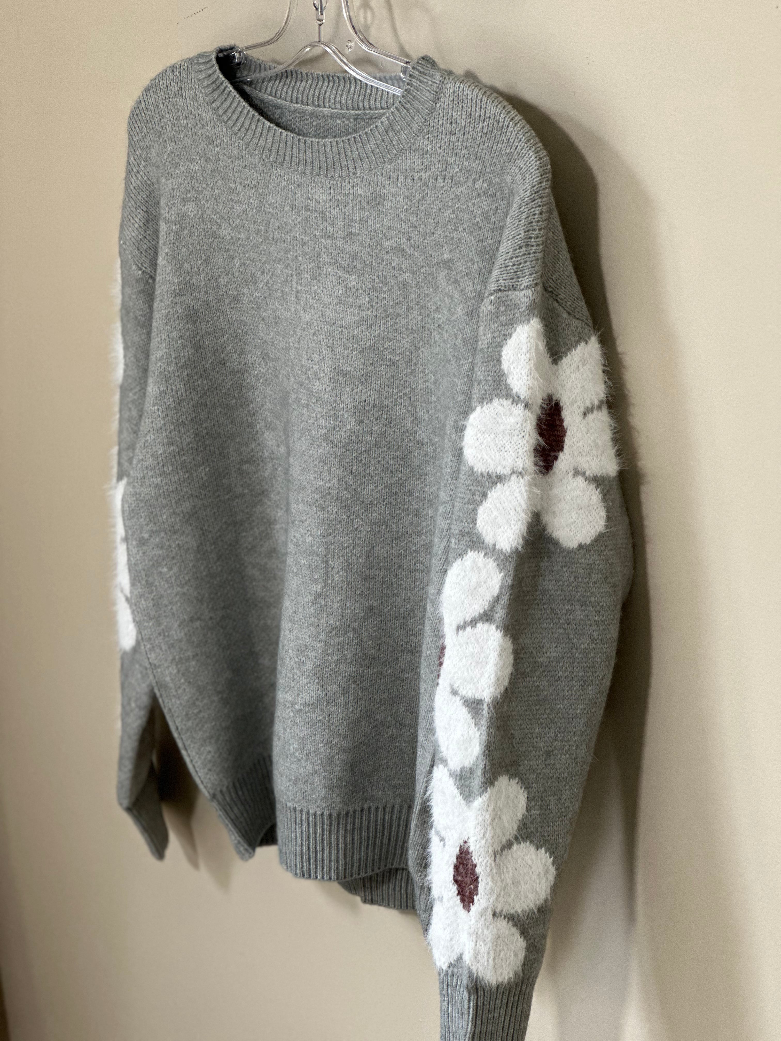 Floral Sleeve Pullover Sweater GREY