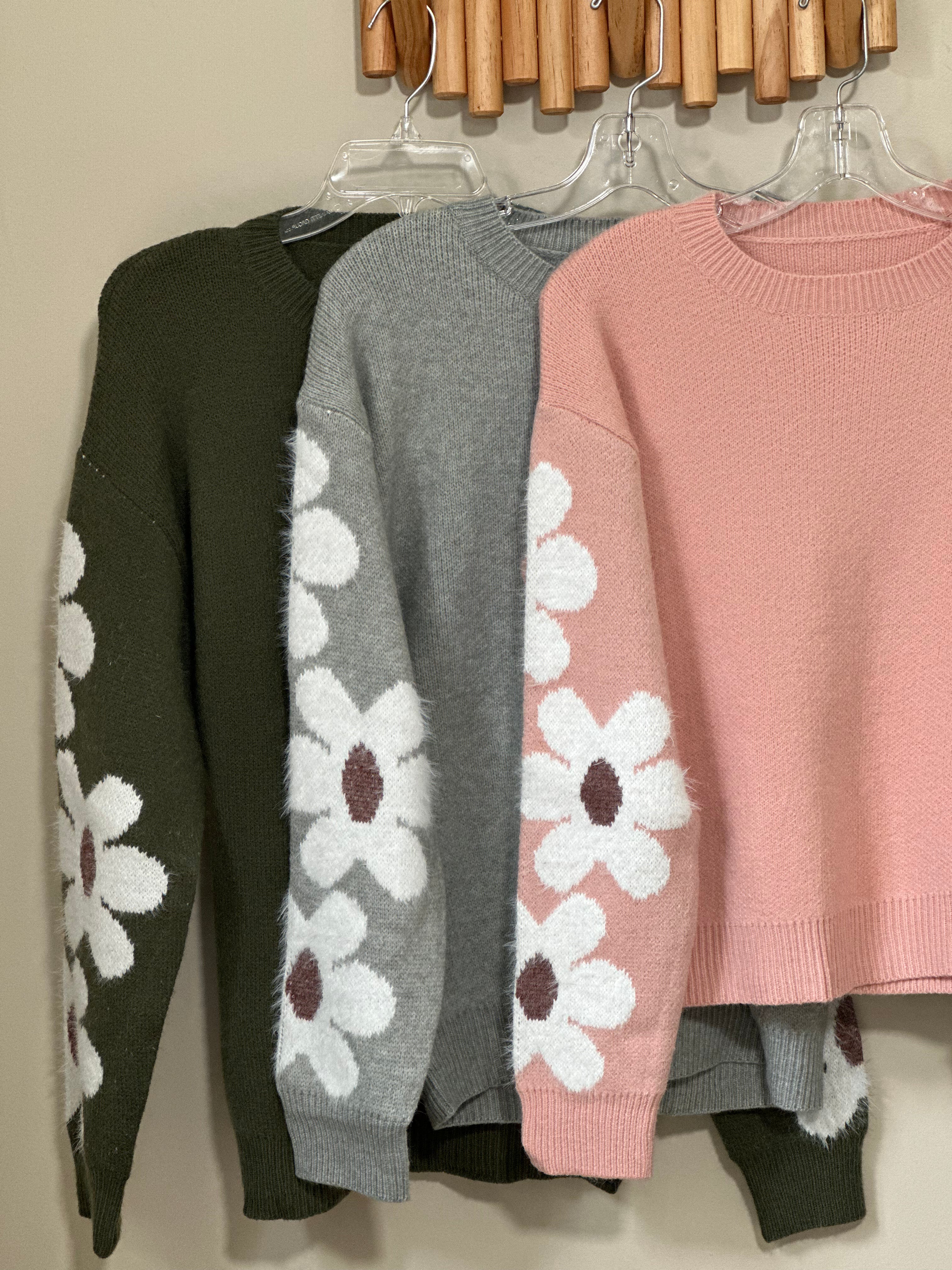 Floral Sleeve Pullover Sweater GREY