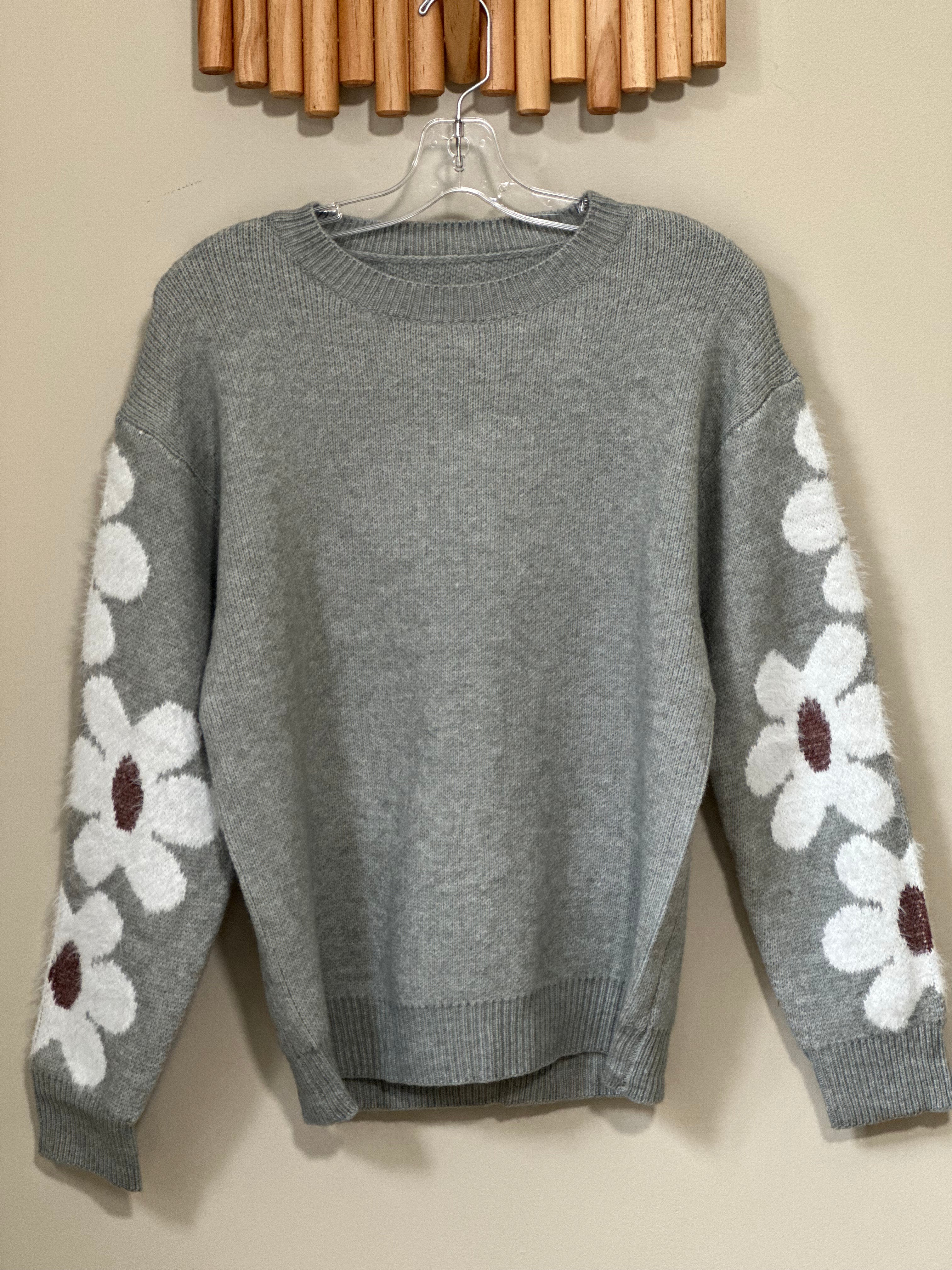 Floral Sleeve Pullover Sweater GREY